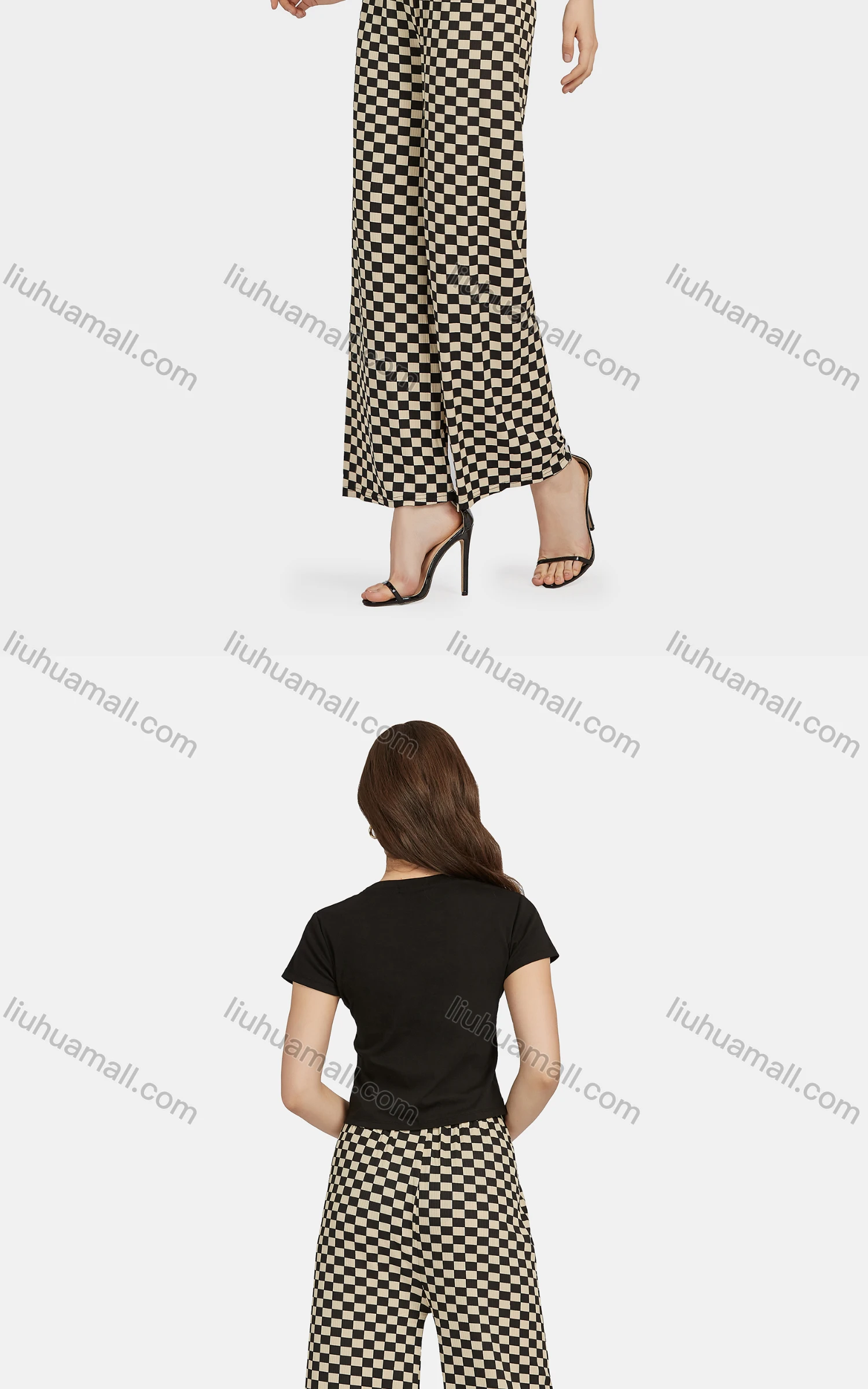 Wholesale Women's Casual High Waist Drawstring Checkerboard Wide Leg Pants 2201# - Liuhuamall