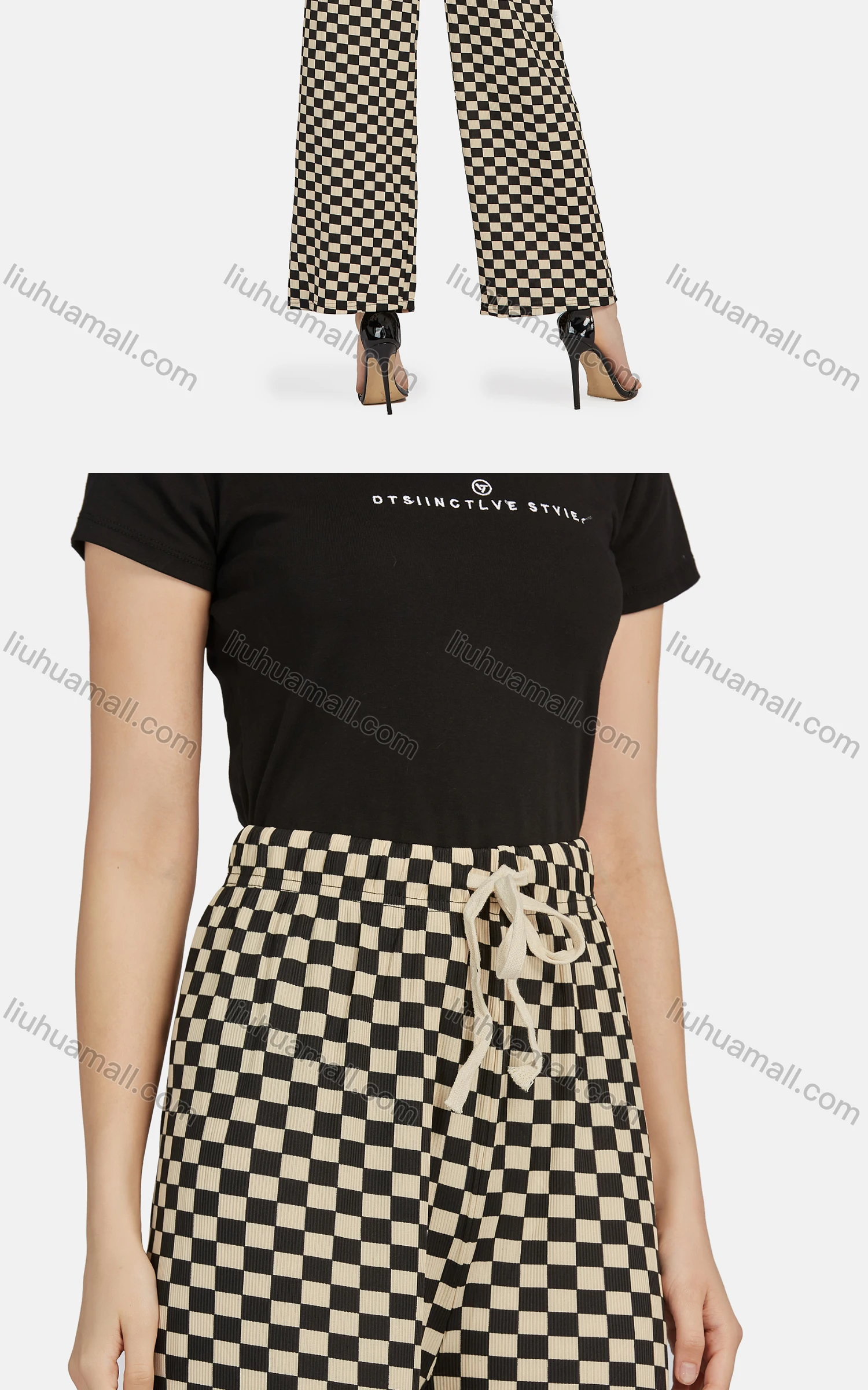 Wholesale Women's Casual High Waist Drawstring Checkerboard Wide Leg Pants 2201# - Liuhuamall