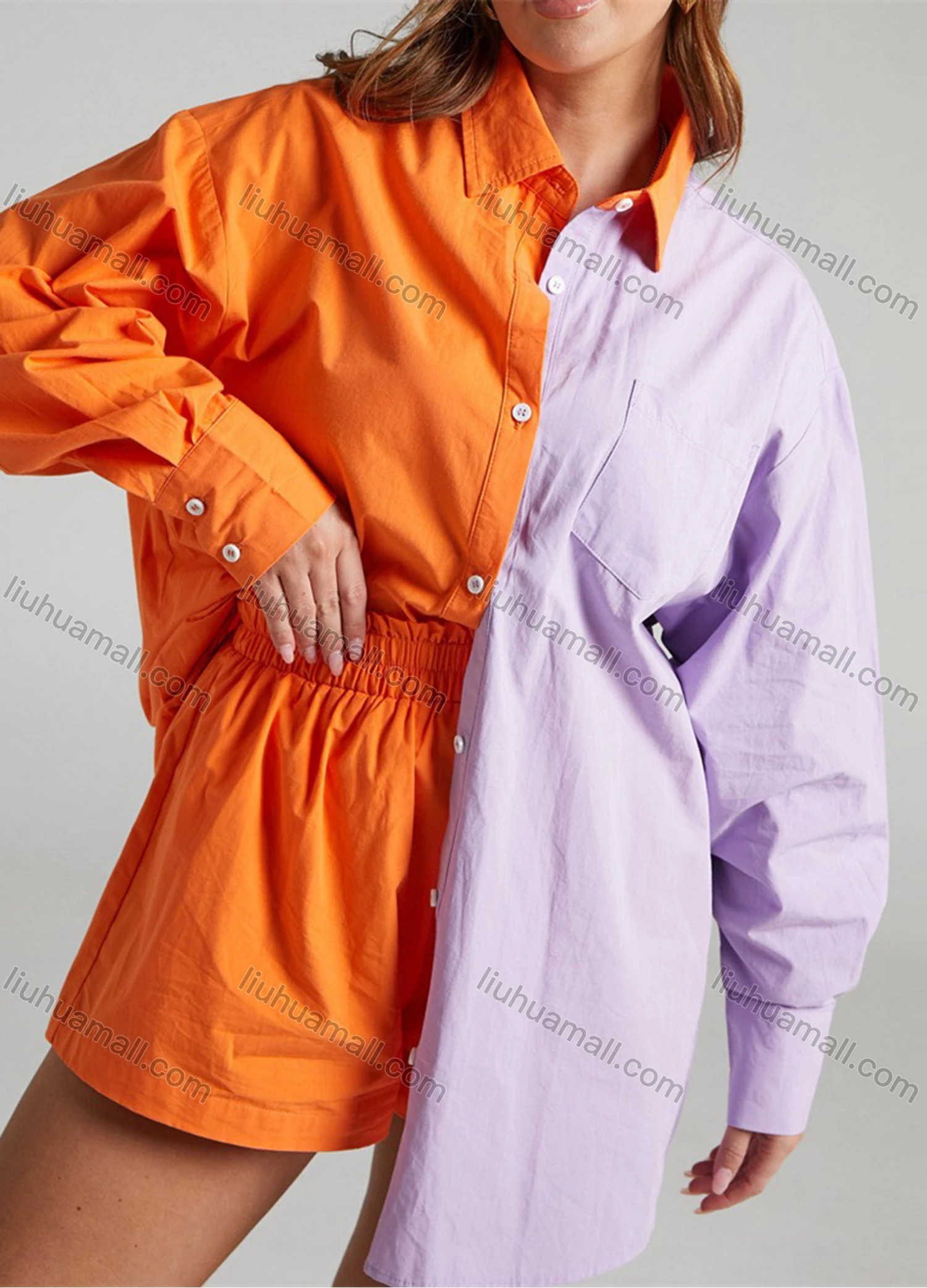Wholesale Women's Casual Plain & Colorblock Long Sleeve Shirts & Elastic High Waist Shorts 2 Piece Set - Liuhuamall