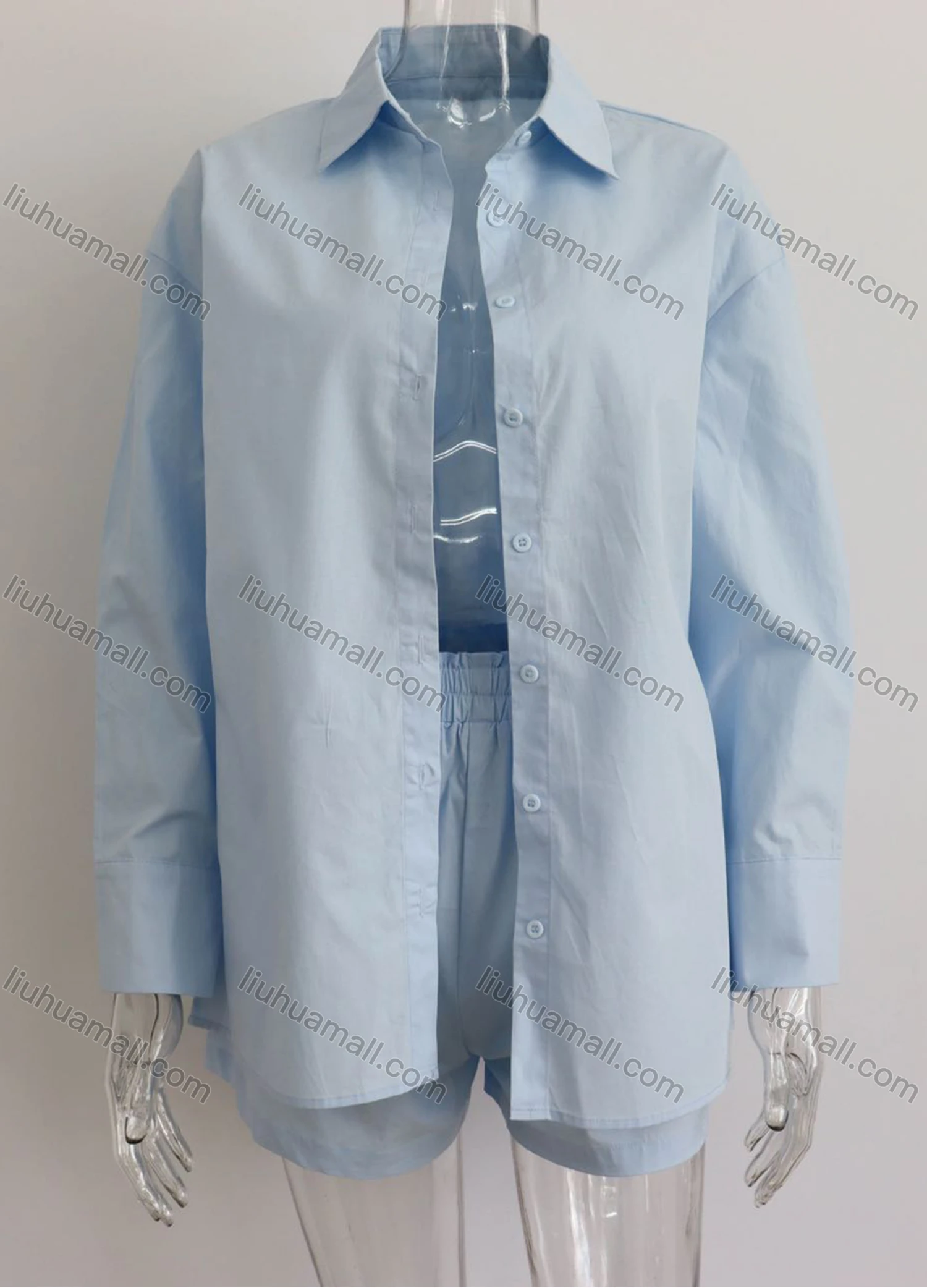 Wholesale Women's Casual Plain & Colorblock Long Sleeve Shirts & Elastic High Waist Shorts 2 Piece Set - Liuhuamall