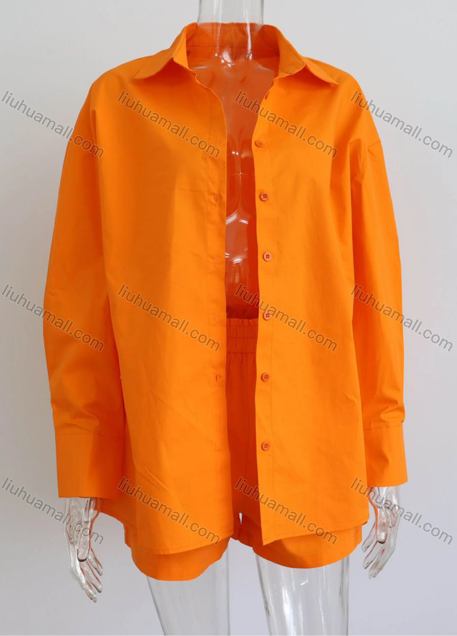 Wholesale Women's Casual Plain & Colorblock Long Sleeve Shirts & Elastic High Waist Shorts 2 Piece Set - Liuhuamall