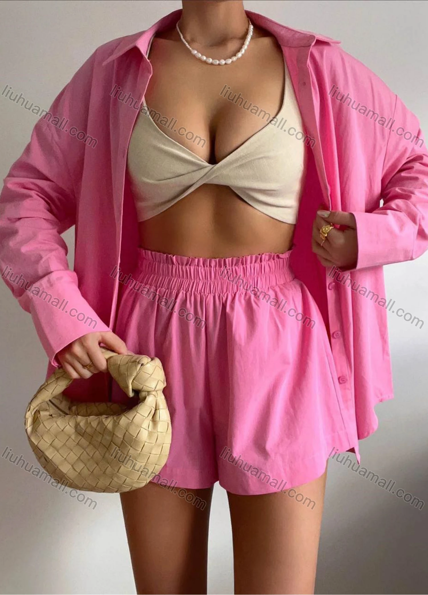 Wholesale Women's Casual Plain & Colorblock Long Sleeve Shirts & Elastic High Waist Shorts 2 Piece Set - Liuhuamall