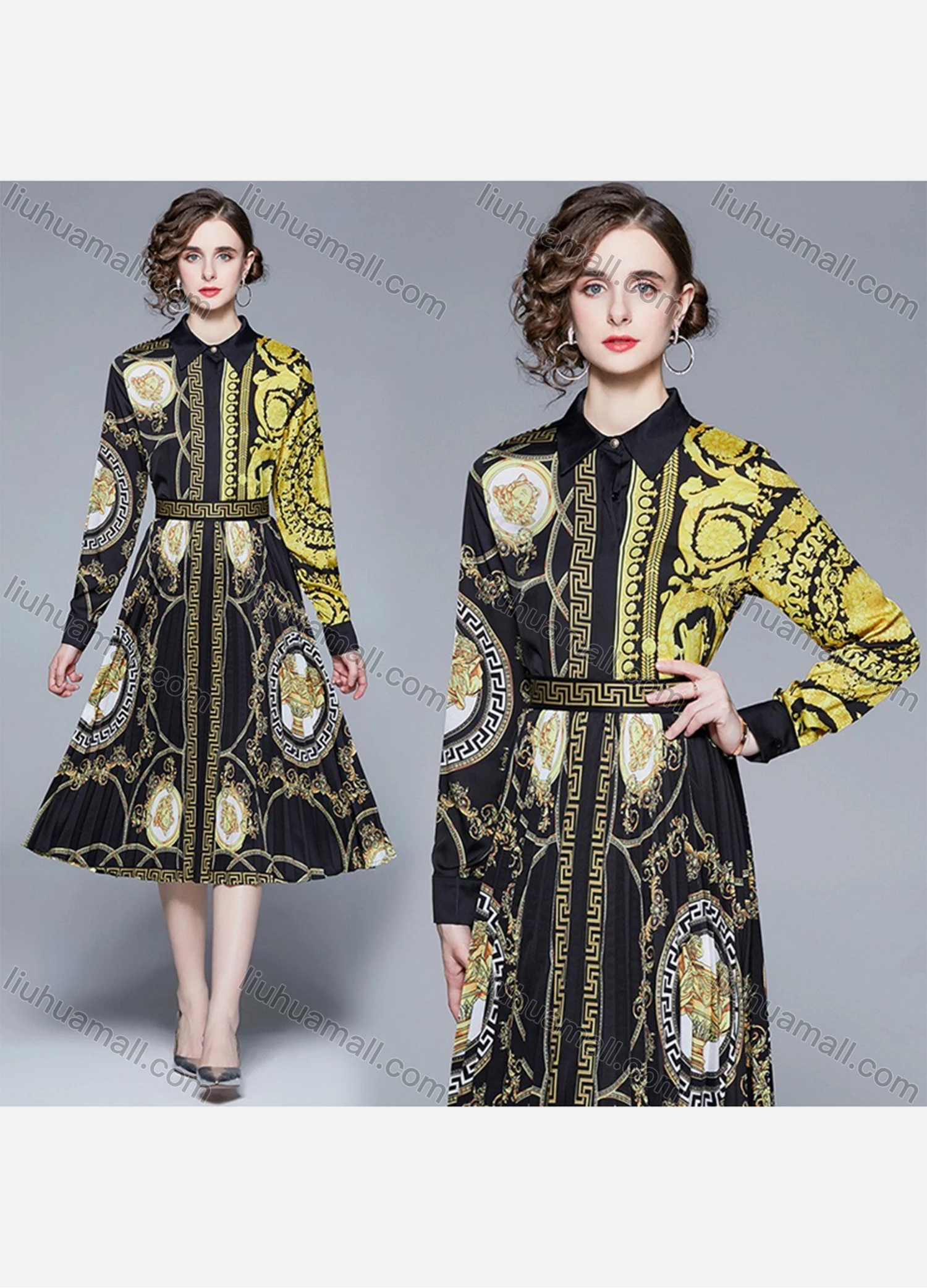Wholesale Women's Elegant Collared Button Dwon High Waist Folk Art Midi A-line Dress 2623# - Liuhuamall