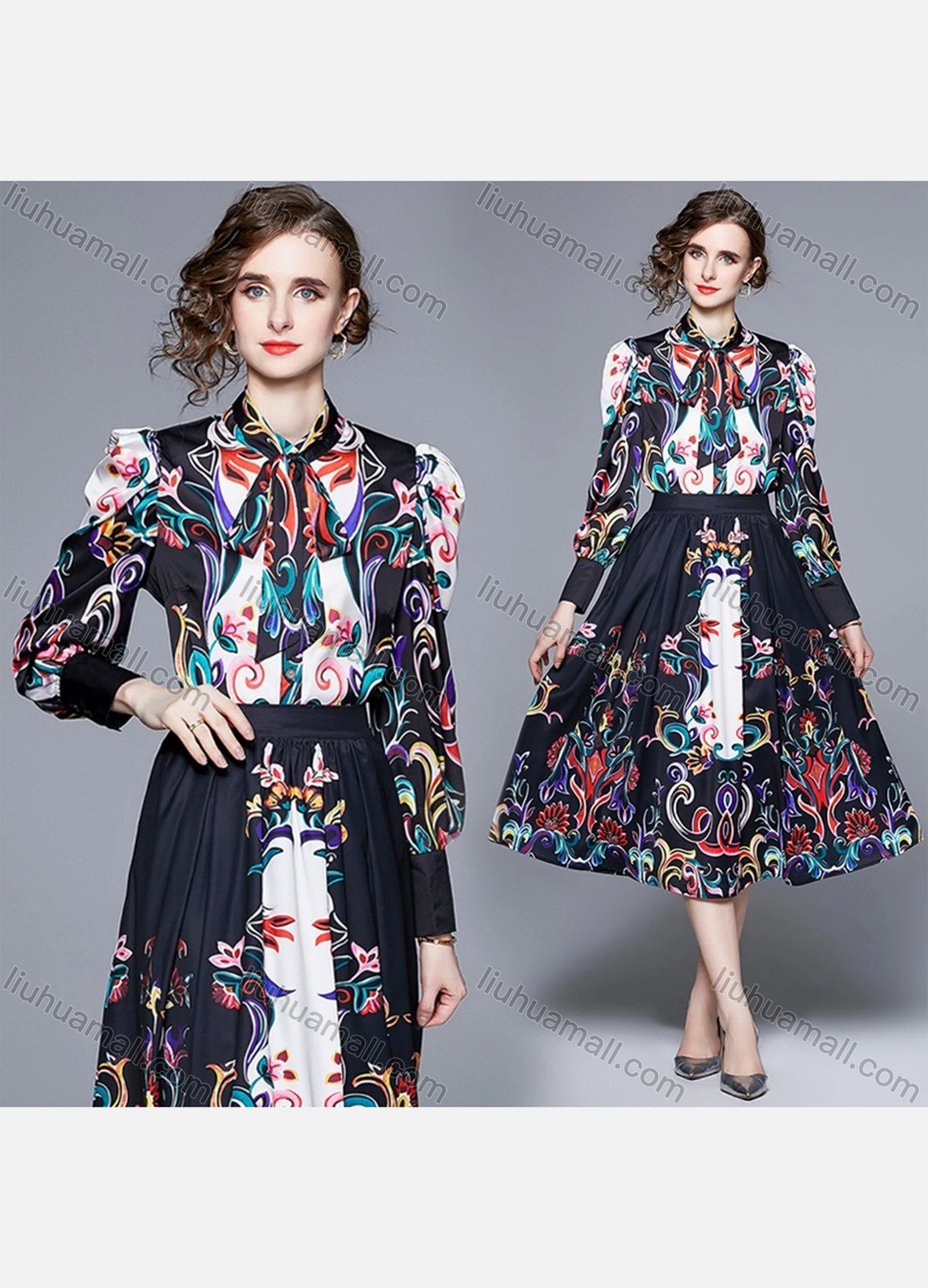 Wholesale Women's Elegant Tie Neck Button Front High Waist Floral Midi A-line Dress 2323# - Liuhuamall