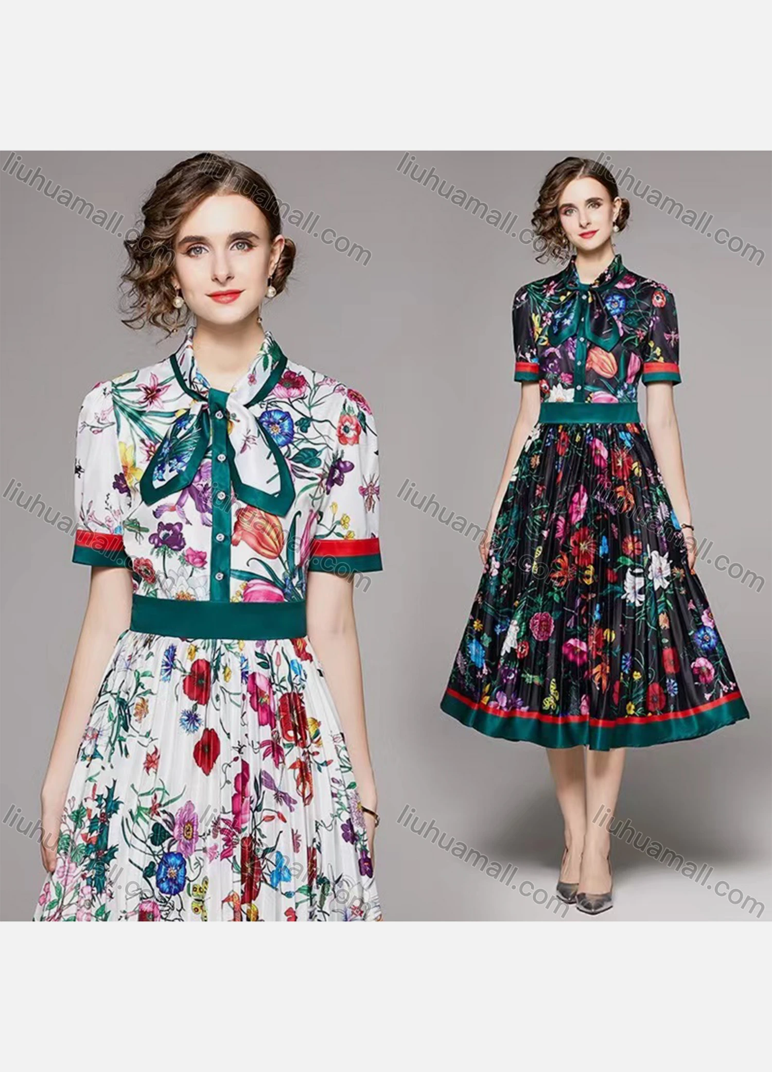 Wholesale Women's Elegant Tie Neck Button Front High Waist Floral Midi A-line Dress 2536# - Liuhuamall
