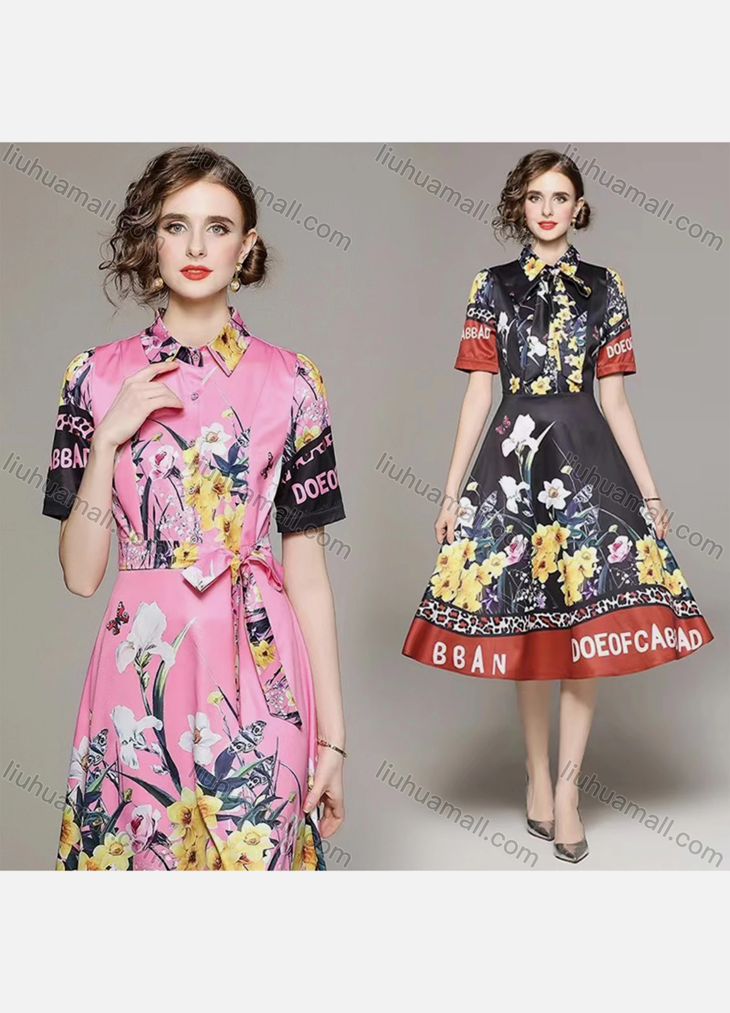 Wholesale Women's Elegant Collared Button Front High Waist Floral Midi A-line Dress 2753# - Liuhuamall