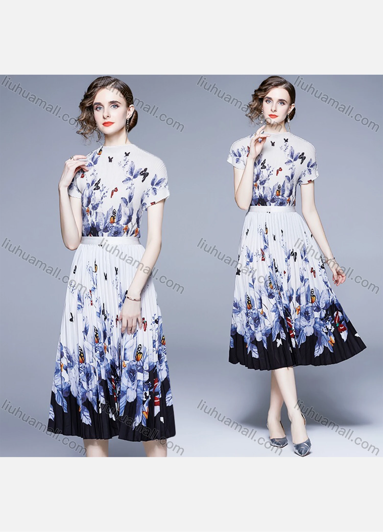 Wholesale Women's Elegant Mock Neck High Waist Floral Midi A-line Dress 2653# - Liuhuamall