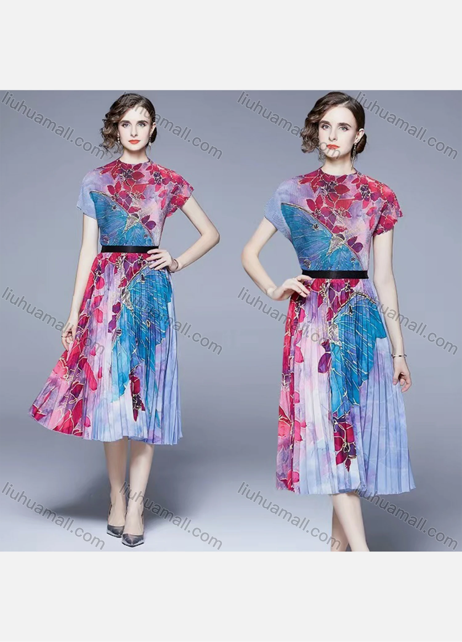 Wholesale Women's Elegant Mock Neck High Waist Floral Midi A-line Dress 2669# - Liuhuamall