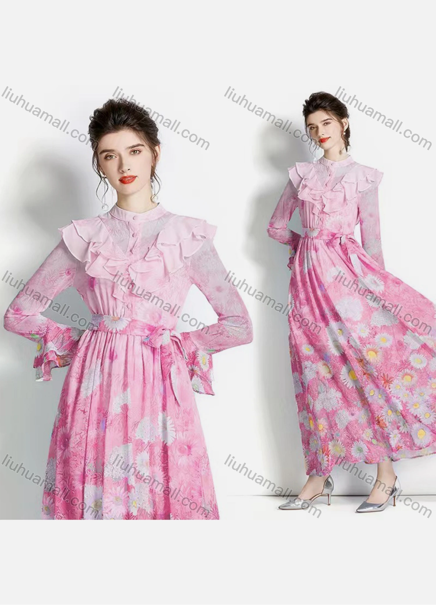 Wholesale Women's Elegant Stand Collar Ruffle Cuff Floral Maxi A-line Dress 3652# - Liuhuamall