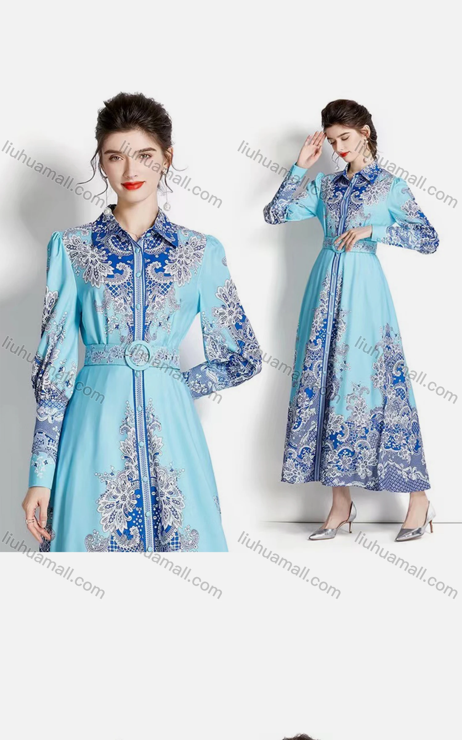 Wholesale Women's Elegant Collared Long Sleeve Floral Maxi A-line Dress 3568# - Liuhuamall