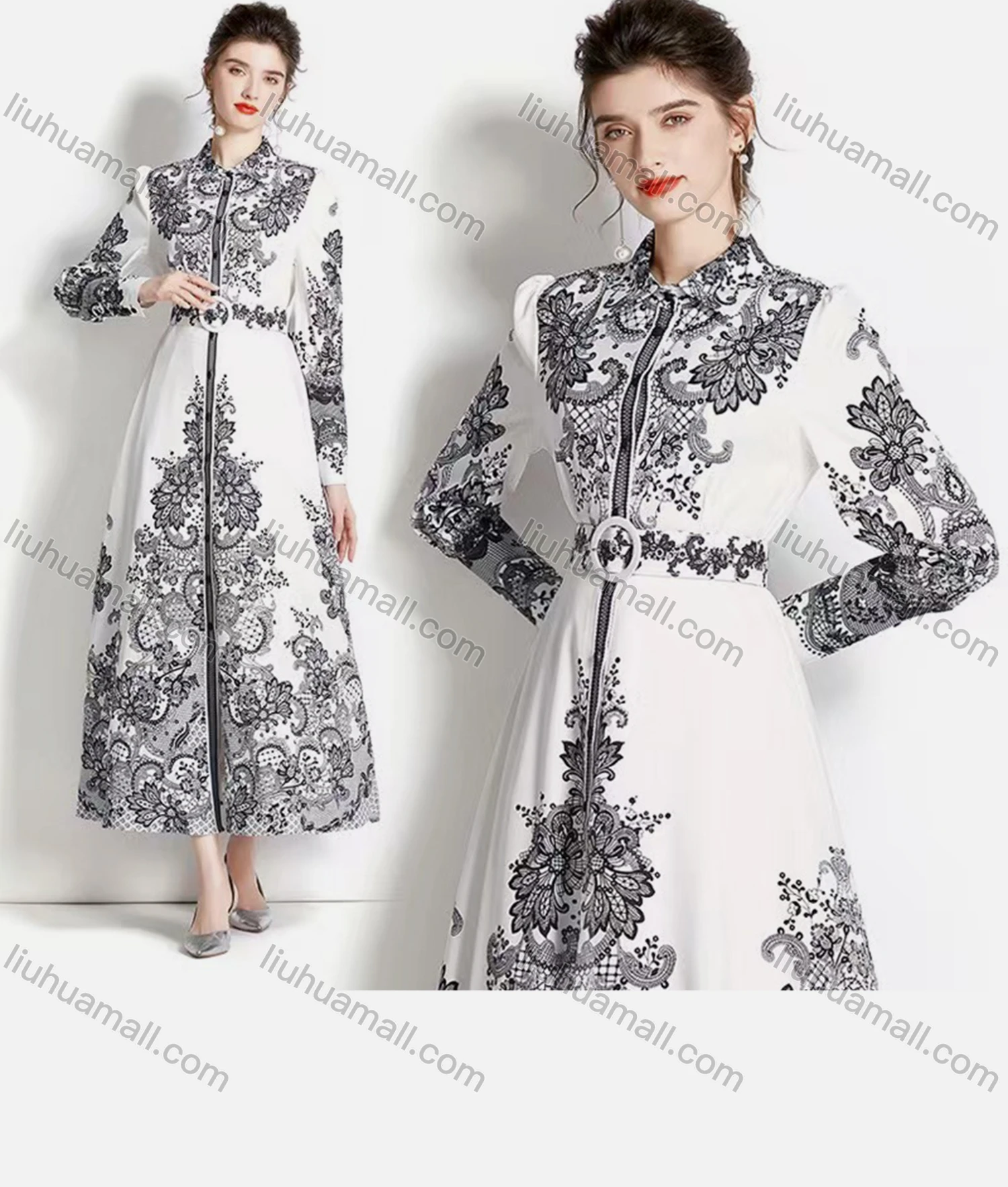 Wholesale Women's Elegant Collared Long Sleeve Floral Maxi A-line Dress 3568# - Liuhuamall