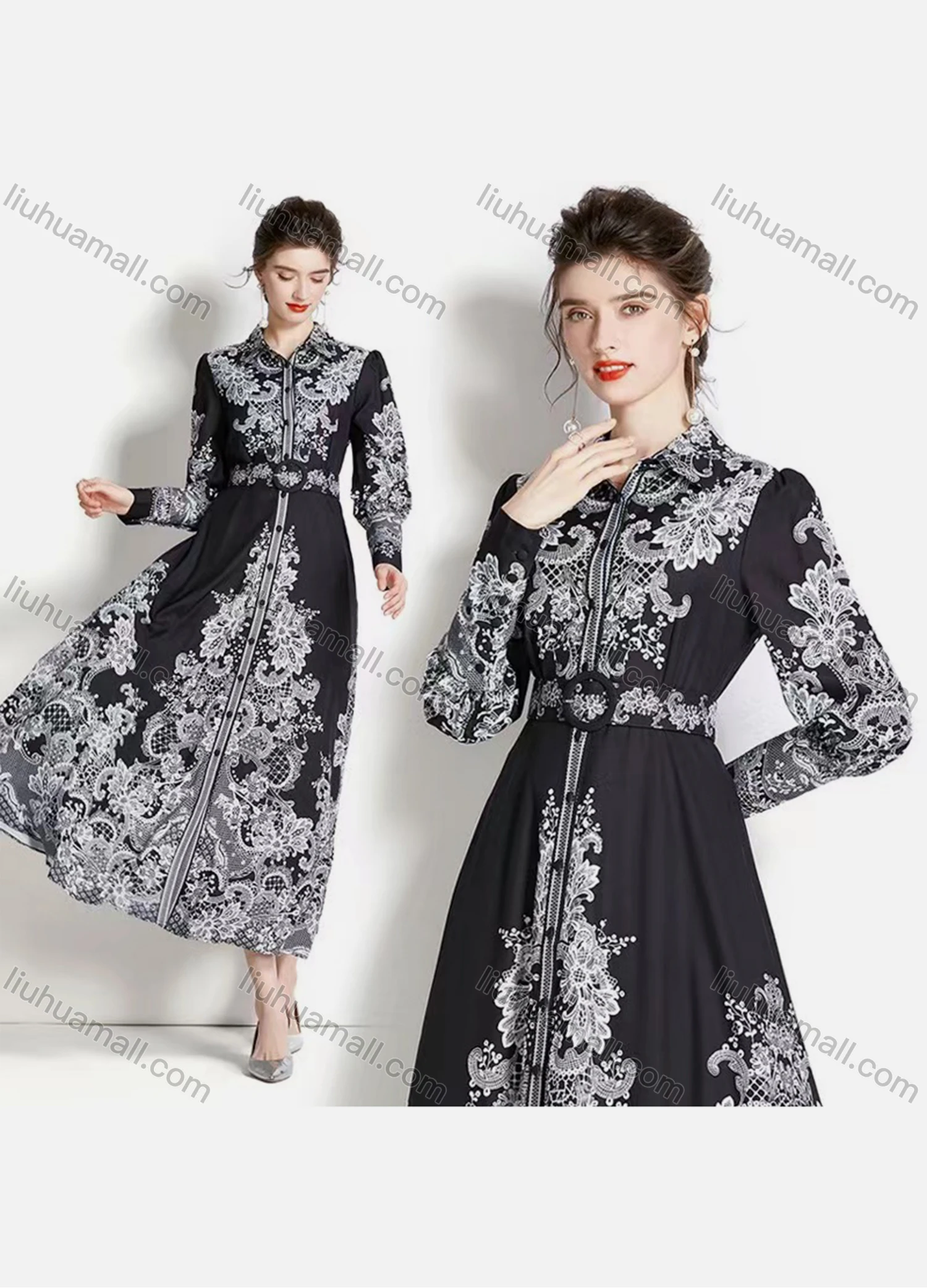 Wholesale Women's Elegant Collared Long Sleeve Floral Maxi A-line Dress 3965# - Liuhuamall