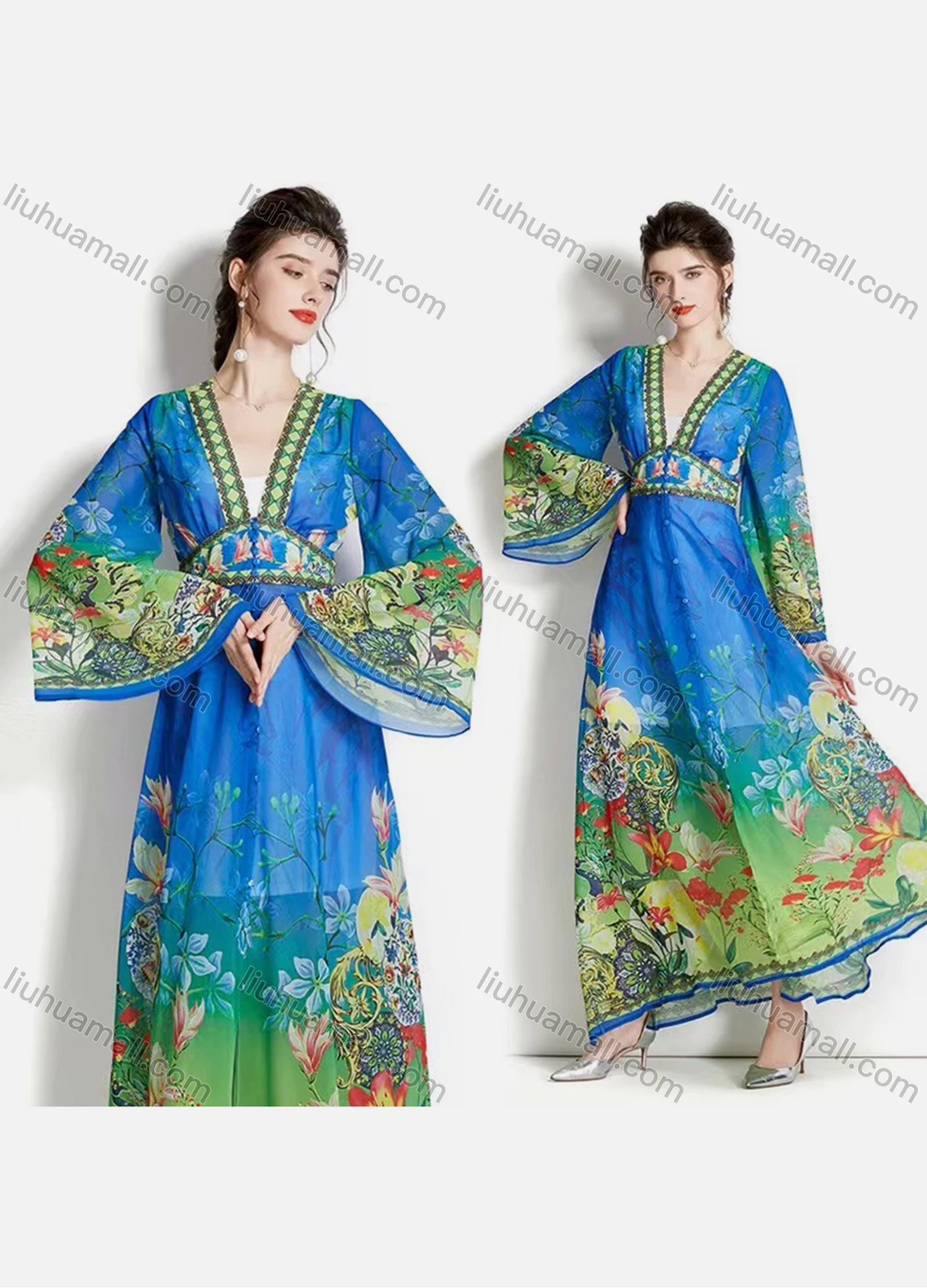 Wholesale Women's Elegant V Neck Bell Sleeve High Waist Floral Maxi A-line Dress 3152# - Liuhuamall