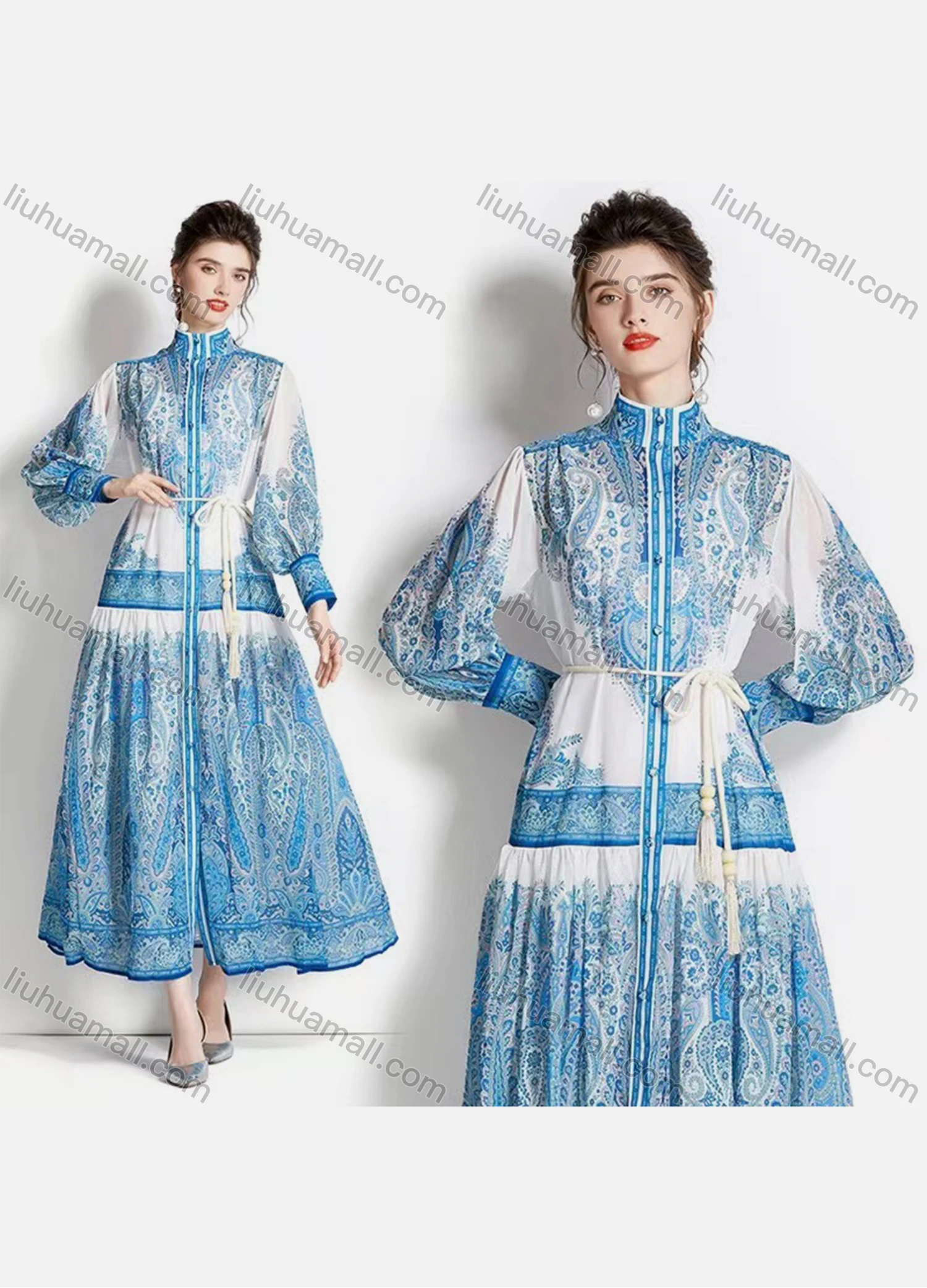 Wholesale Women's Elegant Stand Collar High Waist Folk Art Maxi A-line Dress 3423# - Liuhuamall