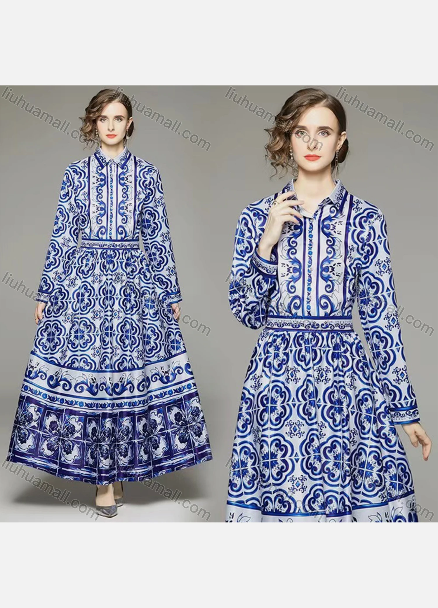 Wholesale Women's Elegant Collared High Waist Floral Maxi A-line Dress 3522# - Liuhuamall