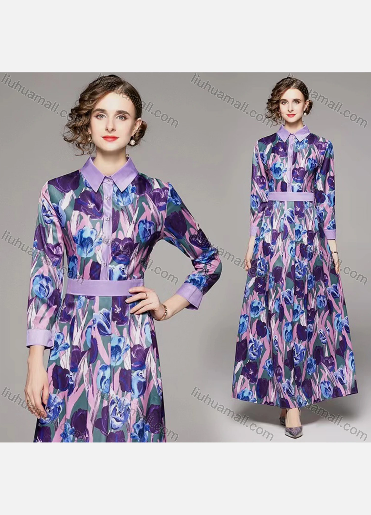 Wholesale Women's Elegant Collared High Waist Floral Maxi A-line Dress 3633# - Liuhuamall