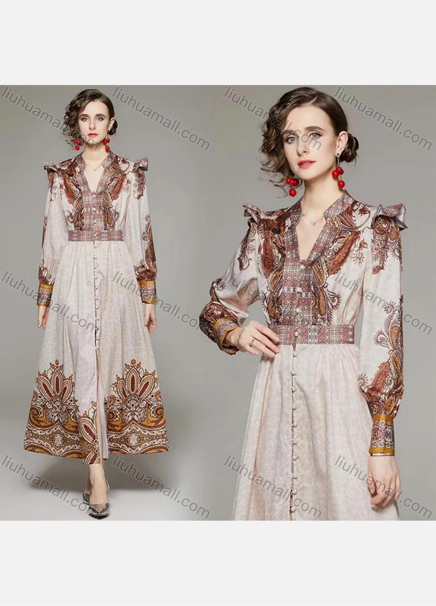 Wholesale Women's Elegant Notched Button Down Folk Art Maxi A-line Dress 3633# - Liuhuamall