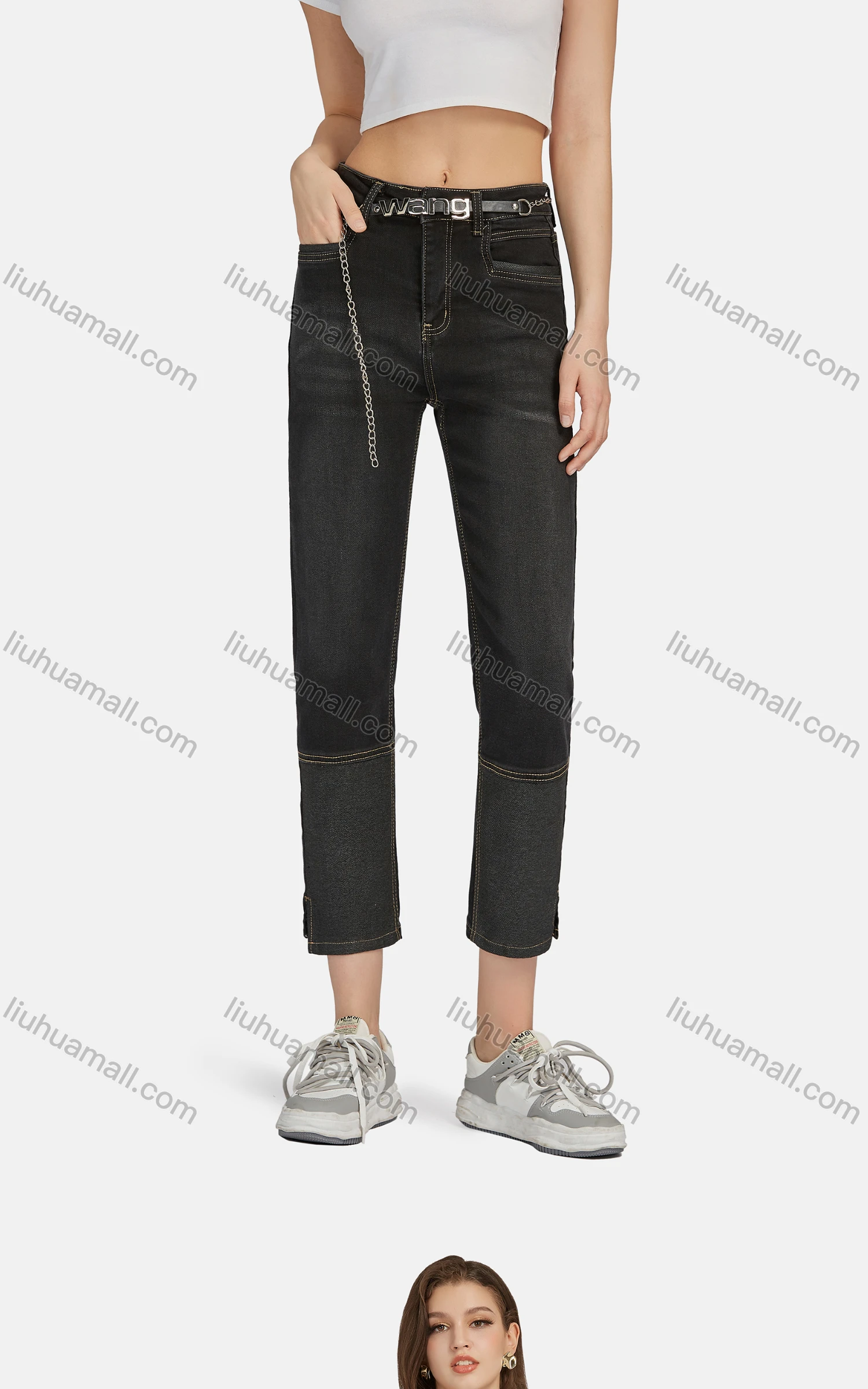 Wholesale Women's Casual Slant Pockets Wash Split Hem Slim Fit Cropped Jeans With Belt 1688-1# - Liuhuamall