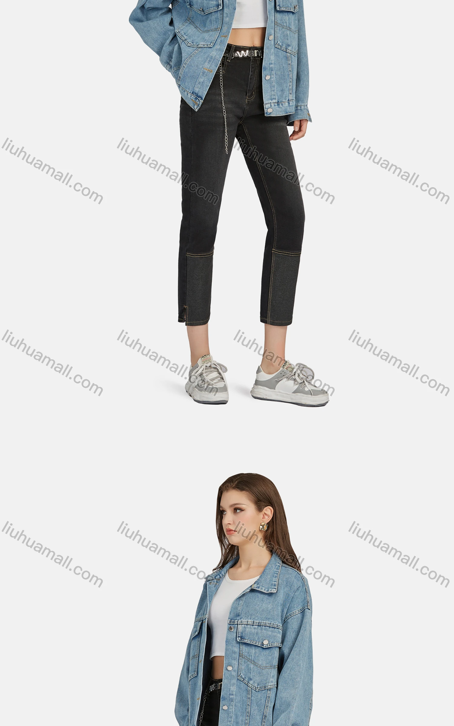 Wholesale Women's Casual Slant Pockets Wash Split Hem Slim Fit Cropped Jeans With Belt 1688-1# - Liuhuamall