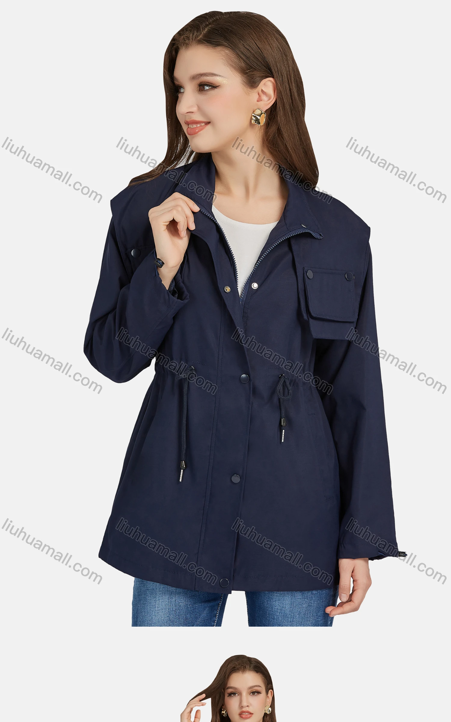 Wholesale Women's Casual Snap Buttons Stand Collar Drawstring Windbreaker Jacket M-E22# - Liuhuamall