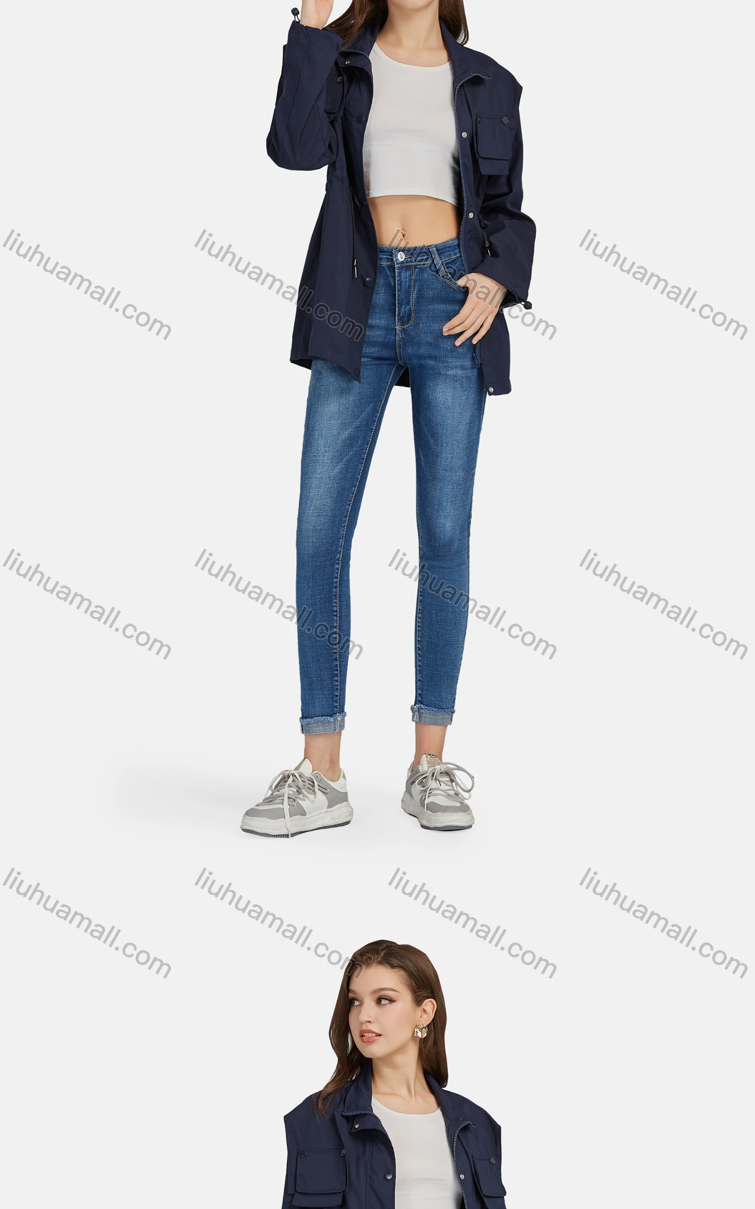 Wholesale Women's Casual Snap Buttons Stand Collar Drawstring Windbreaker Jacket M-E22# - Liuhuamall