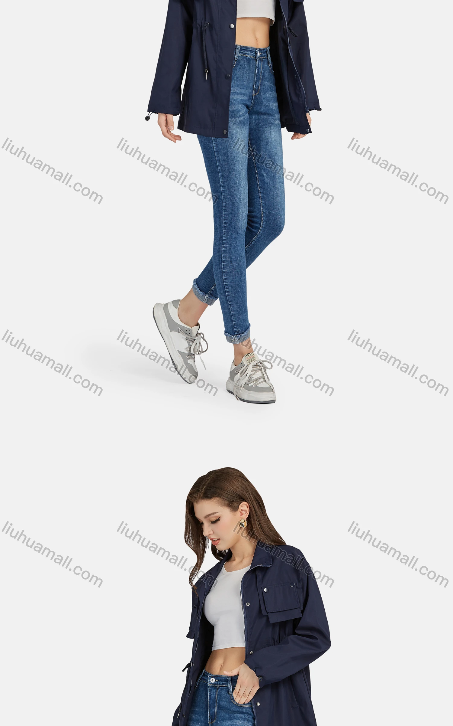 Wholesale Women's Casual Snap Buttons Stand Collar Drawstring Windbreaker Jacket M-E22# - Liuhuamall