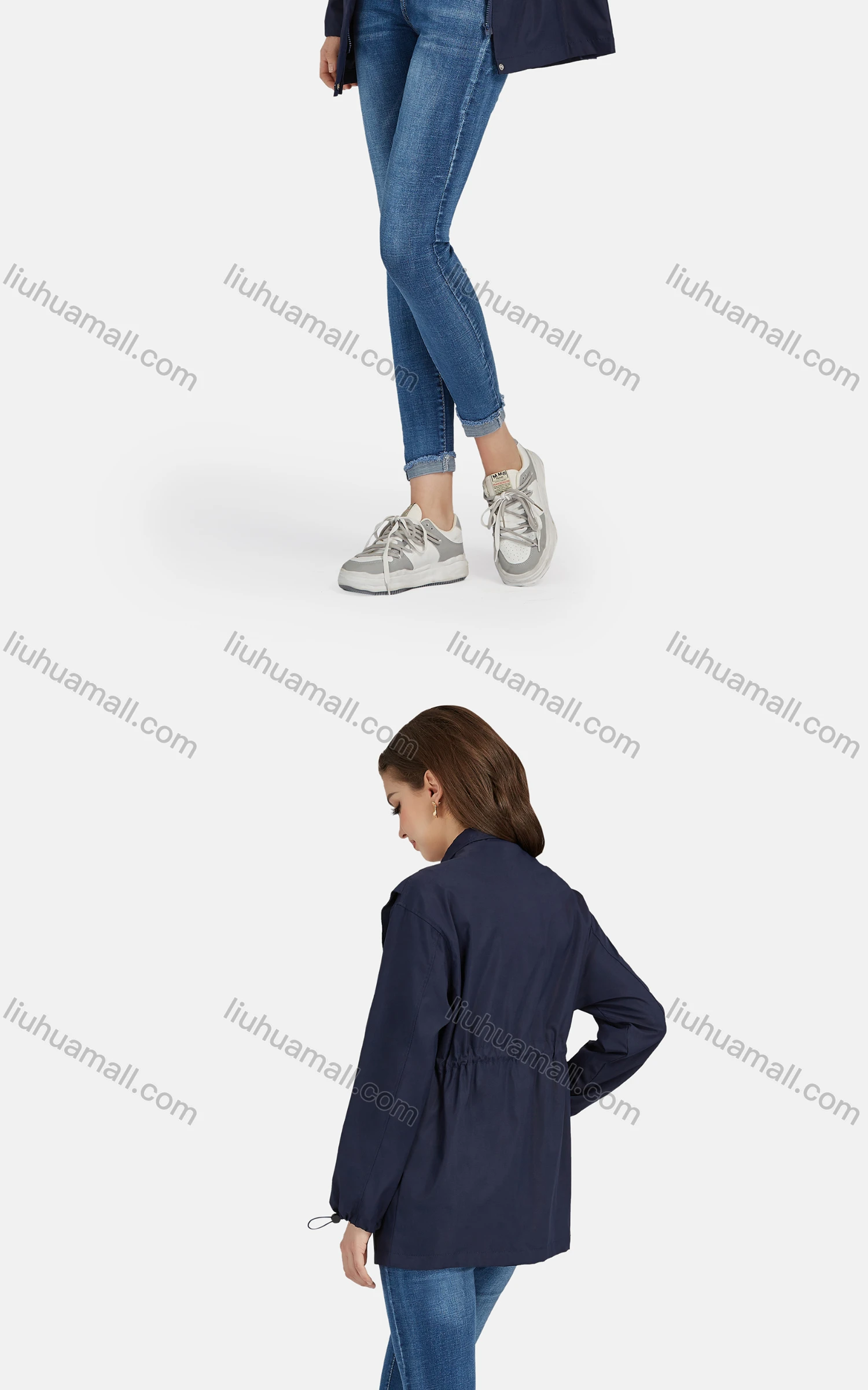 Wholesale Women's Casual Snap Buttons Stand Collar Drawstring Windbreaker Jacket M-E22# - Liuhuamall