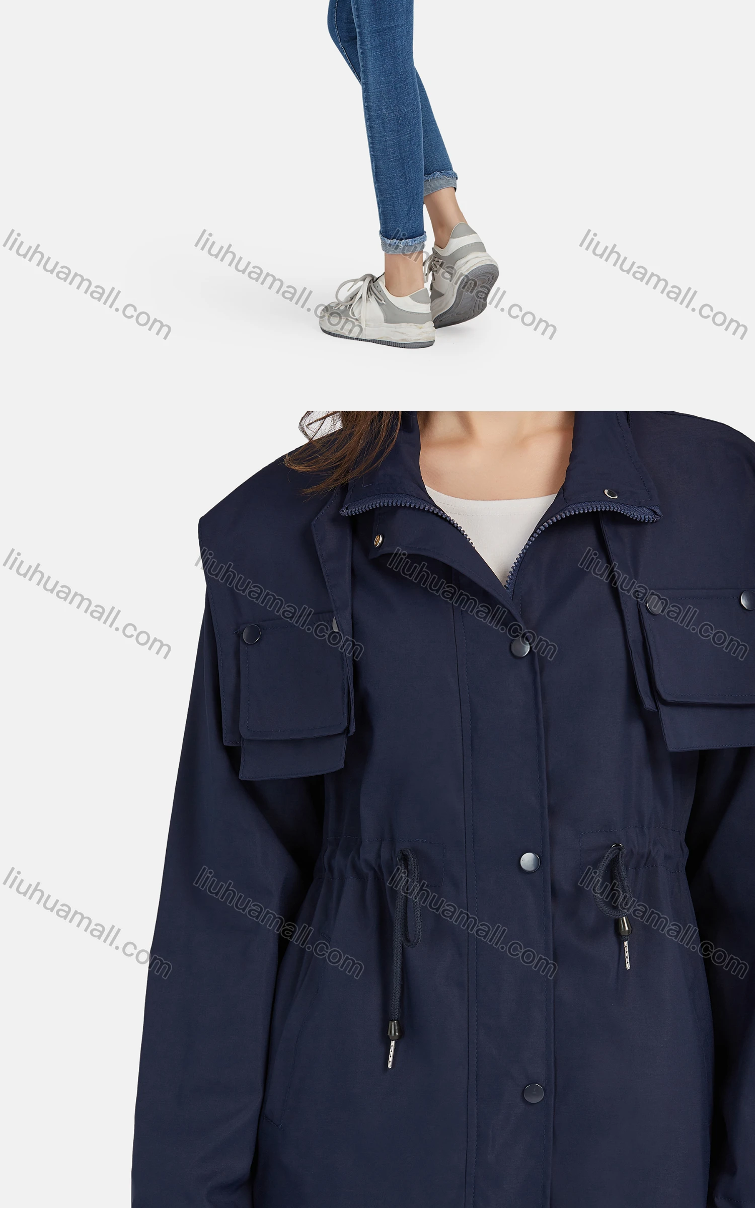 Wholesale Women's Casual Snap Buttons Stand Collar Drawstring Windbreaker Jacket M-E22# - Liuhuamall