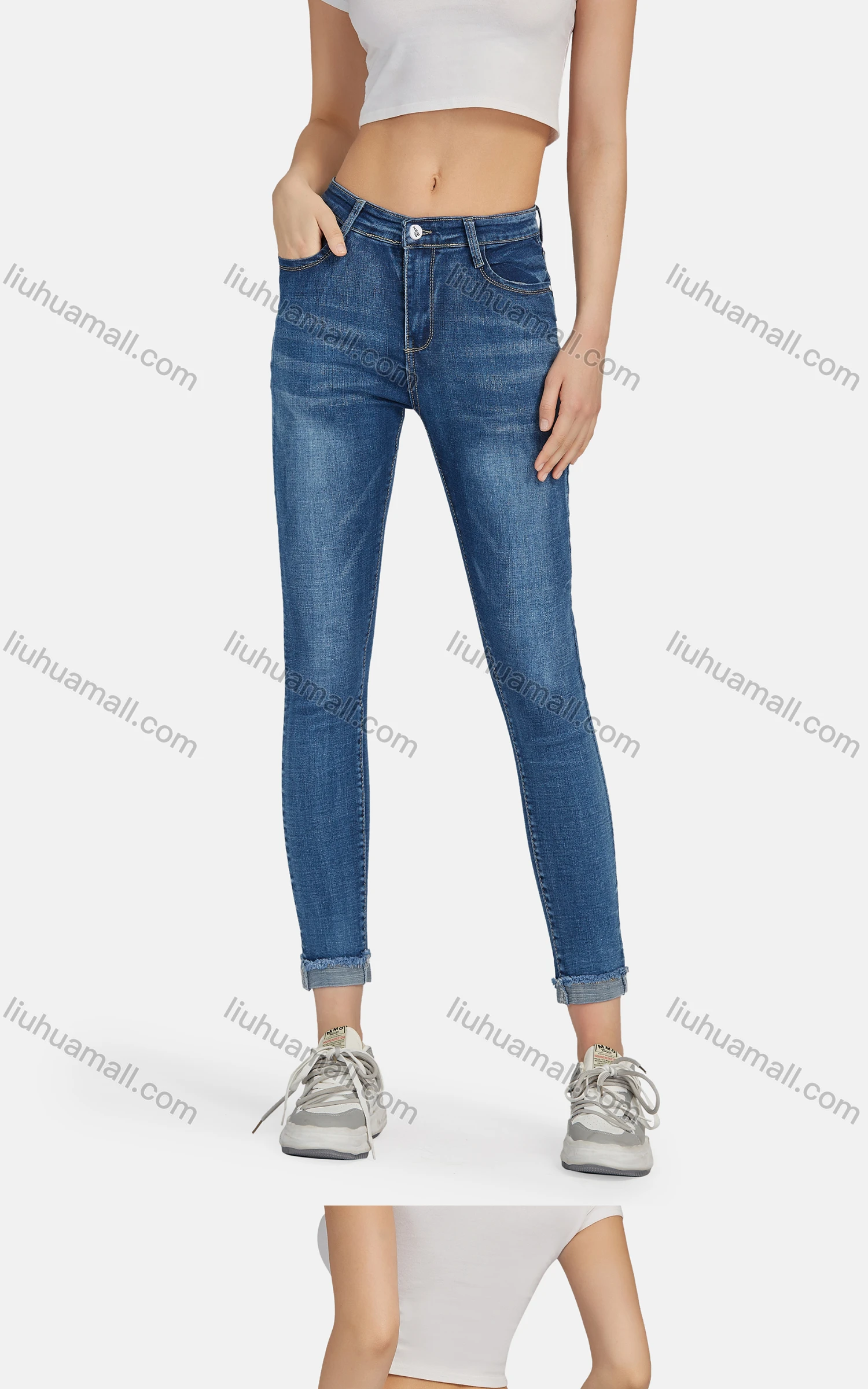 Wholesale Women's Casual Slant Pockets Wash Frayed Raw Hem Slim Fit Cropped Jeans 1688-2# - Liuhuamall