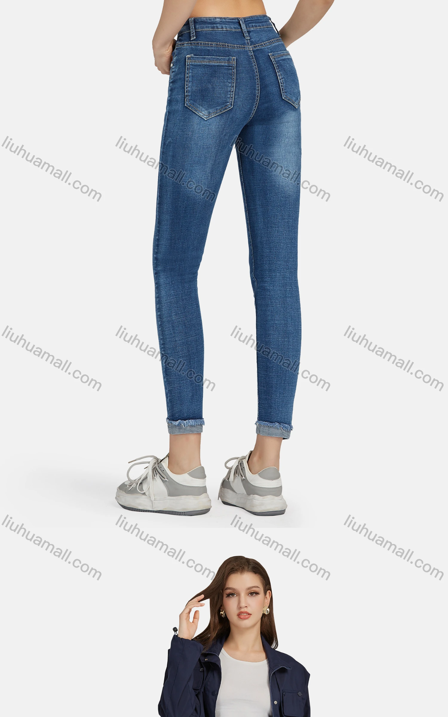 Wholesale Women's Casual Slant Pockets Wash Frayed Raw Hem Slim Fit Cropped Jeans 1688-2# - Liuhuamall