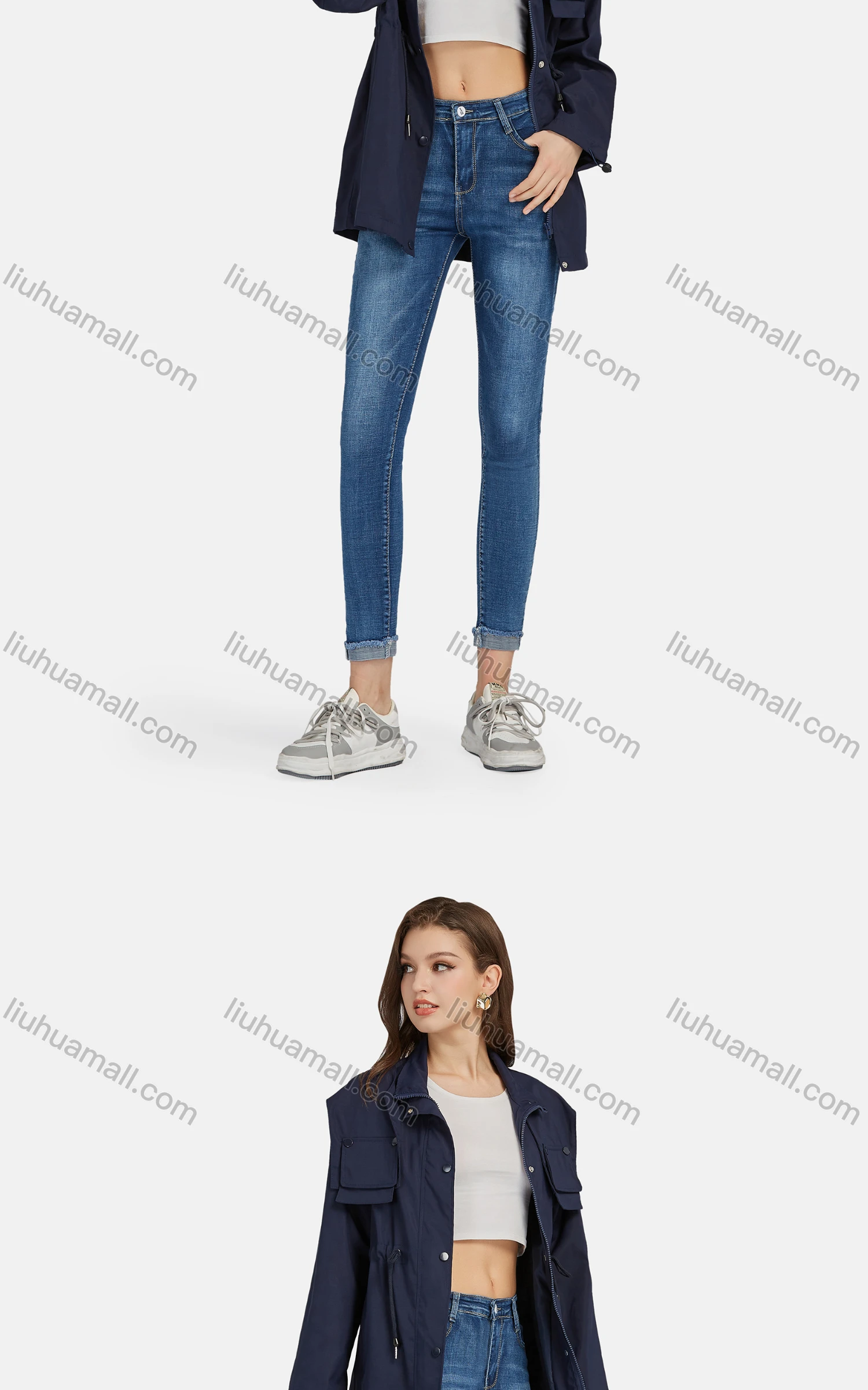 Wholesale Women's Casual Slant Pockets Wash Frayed Raw Hem Slim Fit Cropped Jeans 1688-2# - Liuhuamall