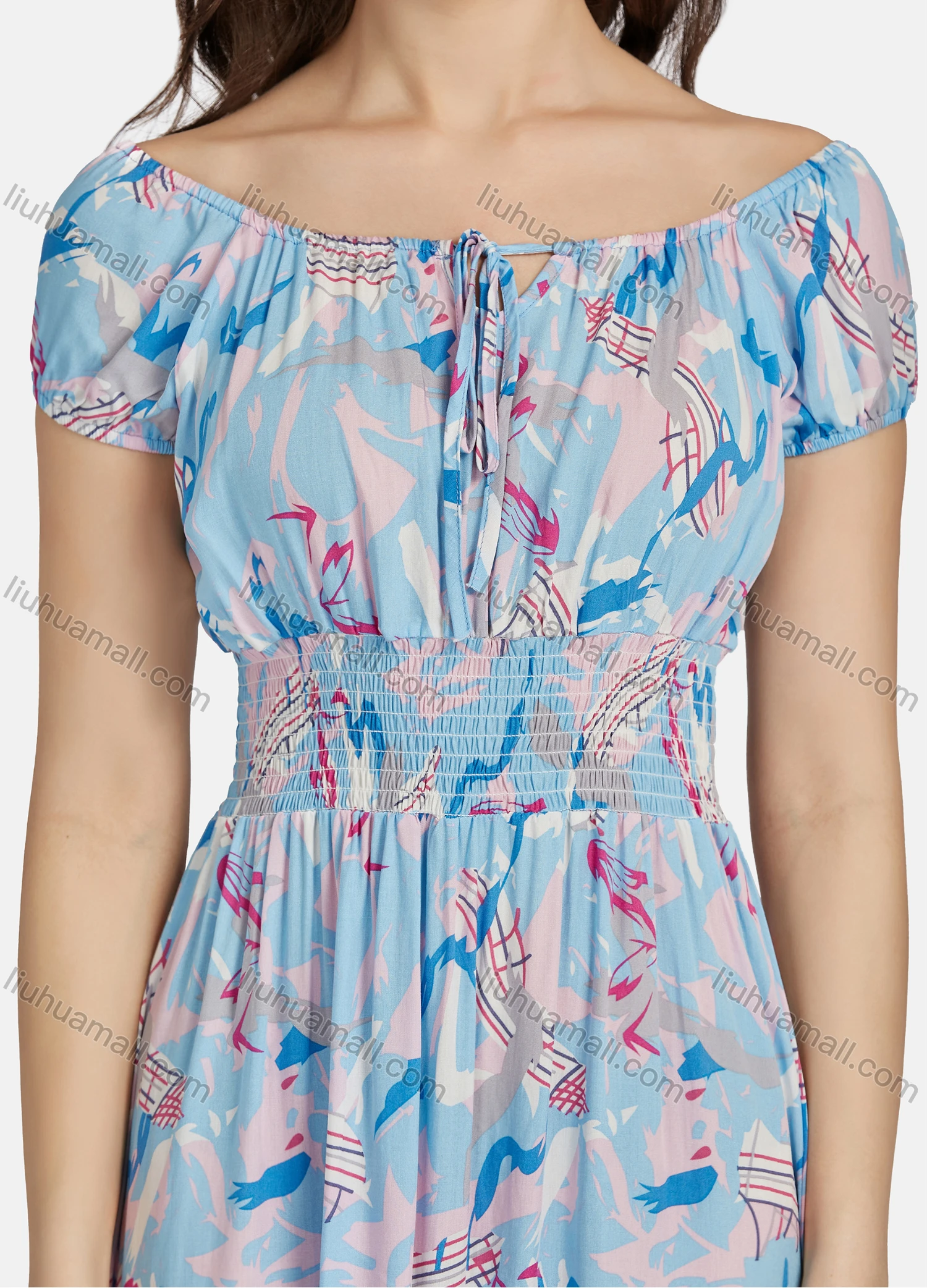 Wholesale Women's Casual Tie Neck Shirred Peplum Allover Print Ruffle Hem Dress 10065# - Liuhuamall