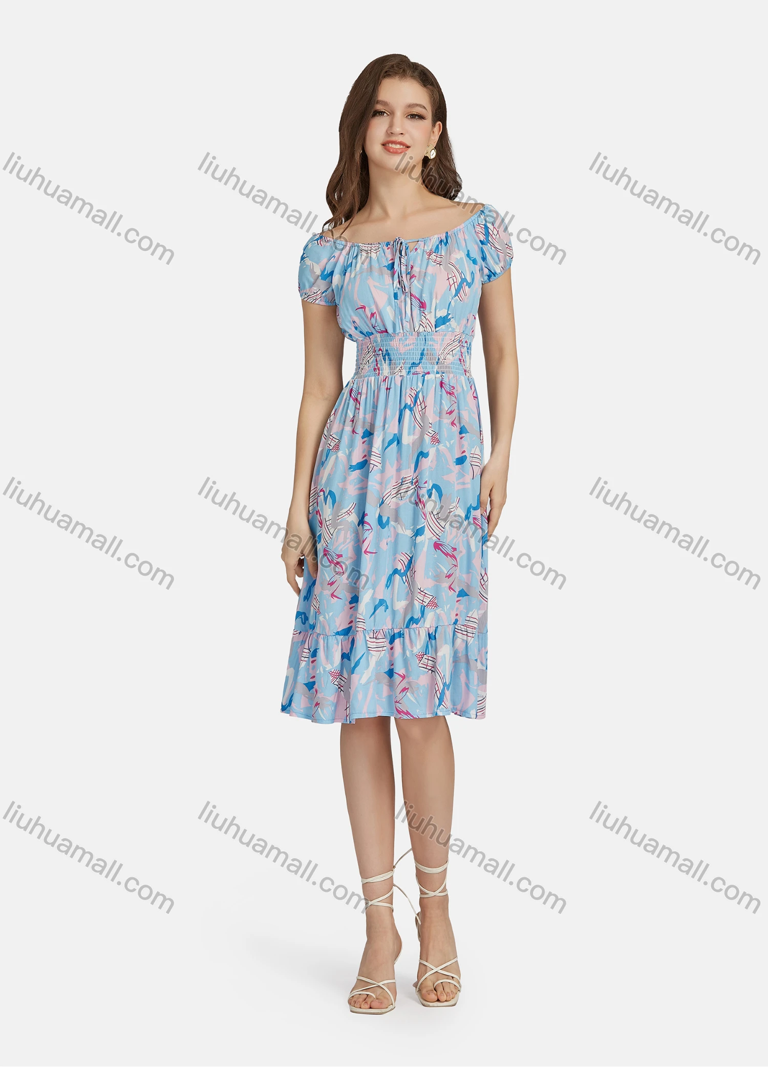 Wholesale Women's Casual Tie Neck Shirred Peplum Allover Print Ruffle Hem Dress 10065# - Liuhuamall