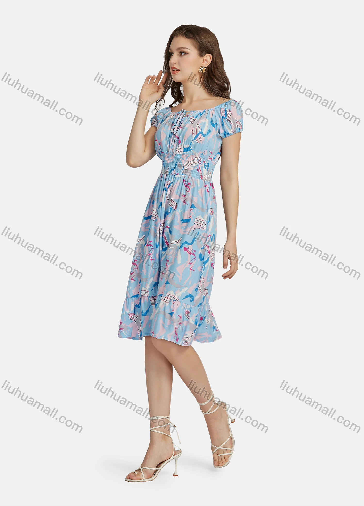 Wholesale Women's Casual Tie Neck Shirred Peplum Allover Print Ruffle Hem Dress 10065# - Liuhuamall