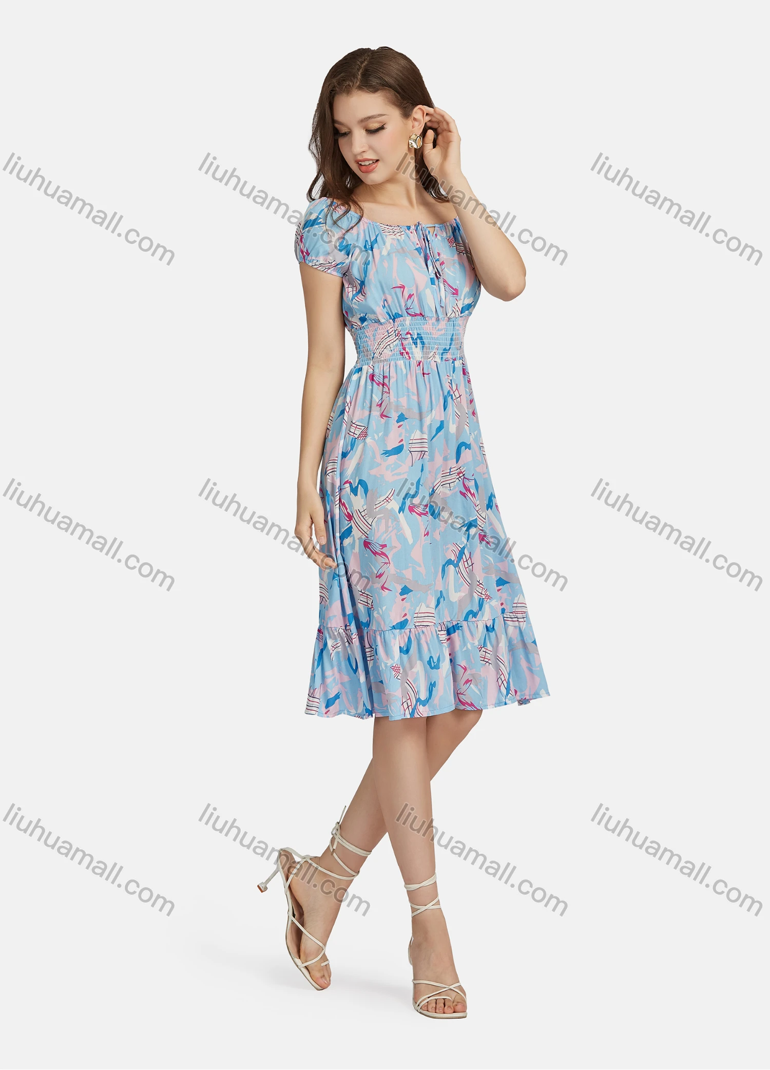 Wholesale Women's Casual Tie Neck Shirred Peplum Allover Print Ruffle Hem Dress 10065# - Liuhuamall