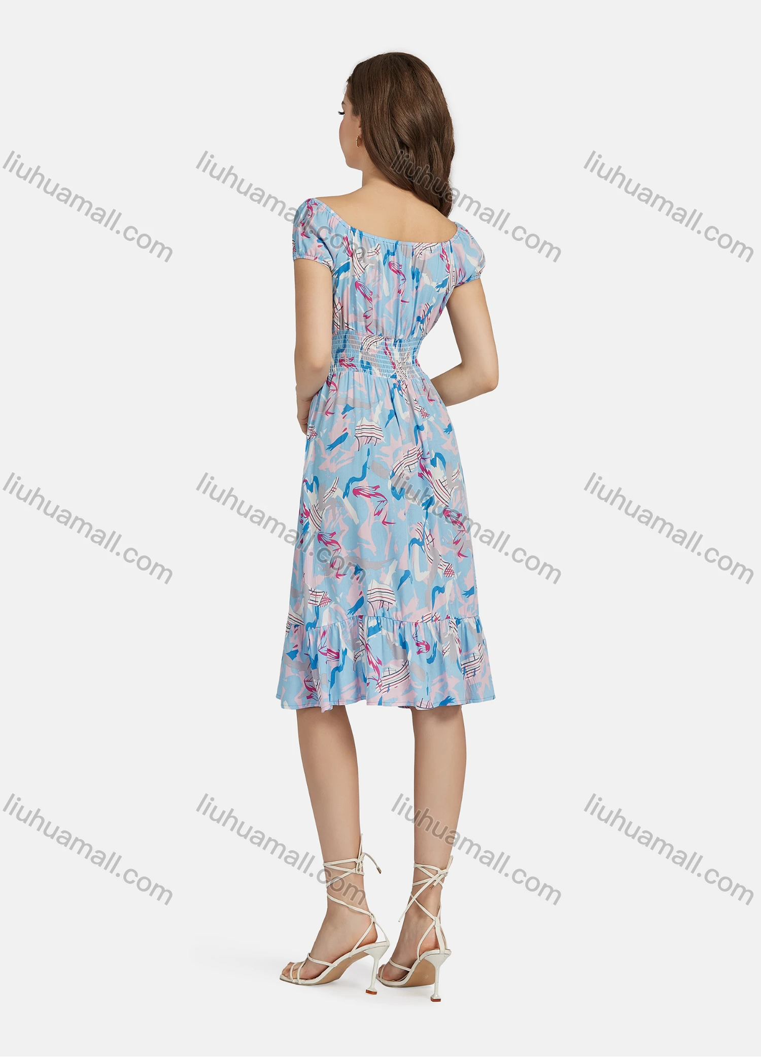 Wholesale Women's Casual Tie Neck Shirred Peplum Allover Print Ruffle Hem Dress 10065# - Liuhuamall