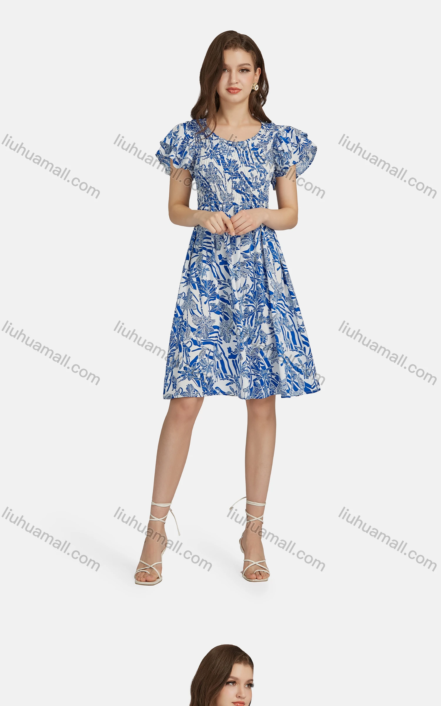 Wholesale Women's Casual Layered Sleeve Crew Neck Shirred Peplum Leaf Print Dress 10051# - Liuhuamall