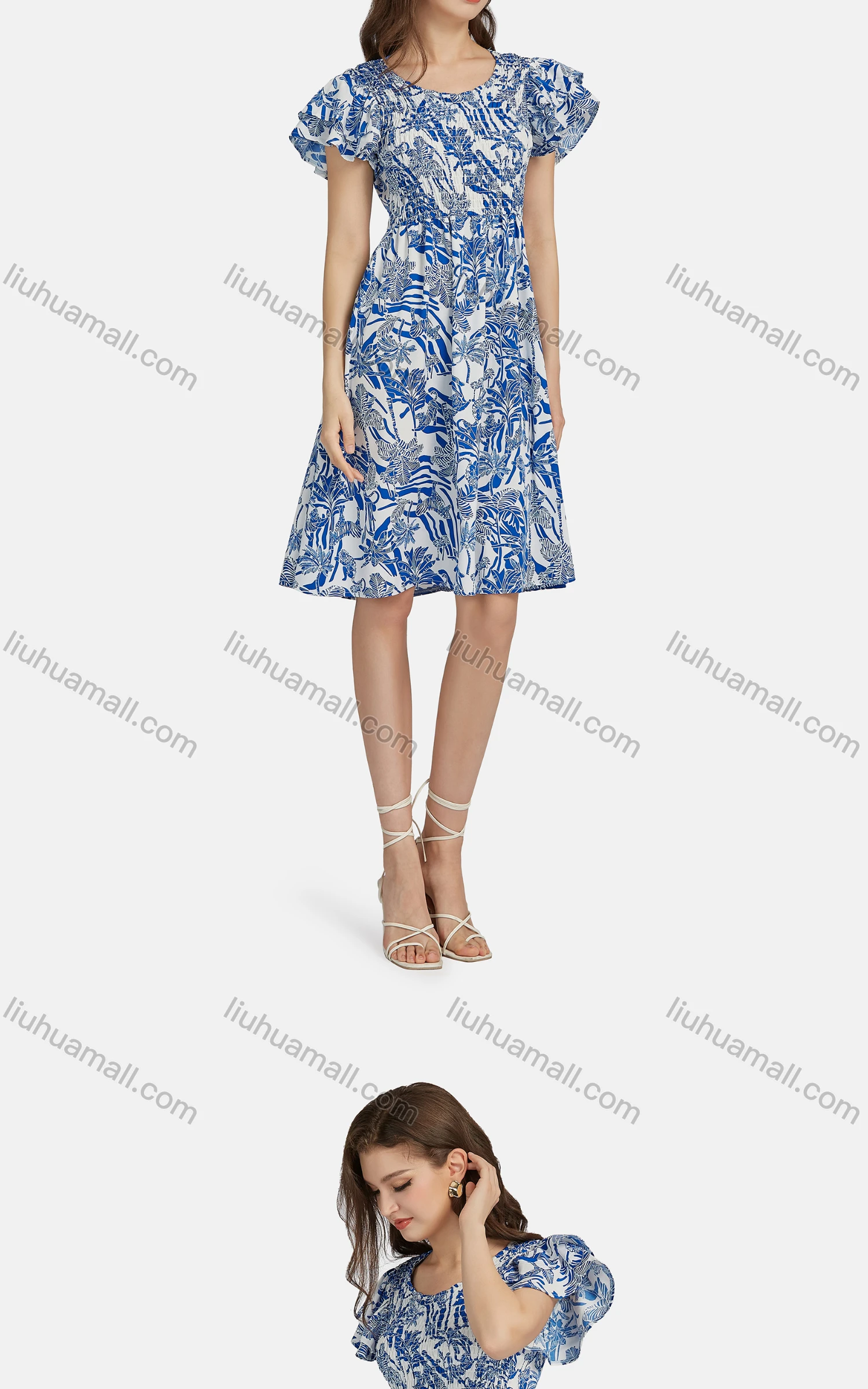 Wholesale Women's Casual Layered Sleeve Crew Neck Shirred Peplum Leaf Print Dress 10051# - Liuhuamall