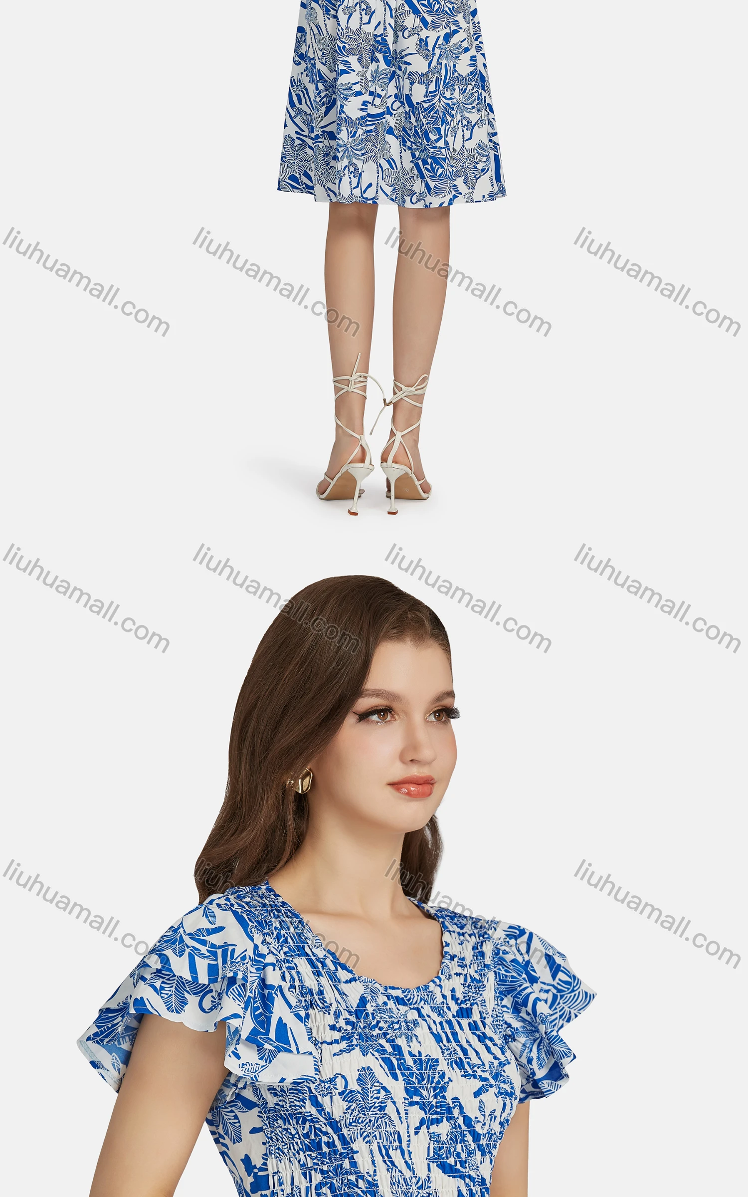 Wholesale Women's Casual Layered Sleeve Crew Neck Shirred Peplum Leaf Print Dress 10051# - Liuhuamall