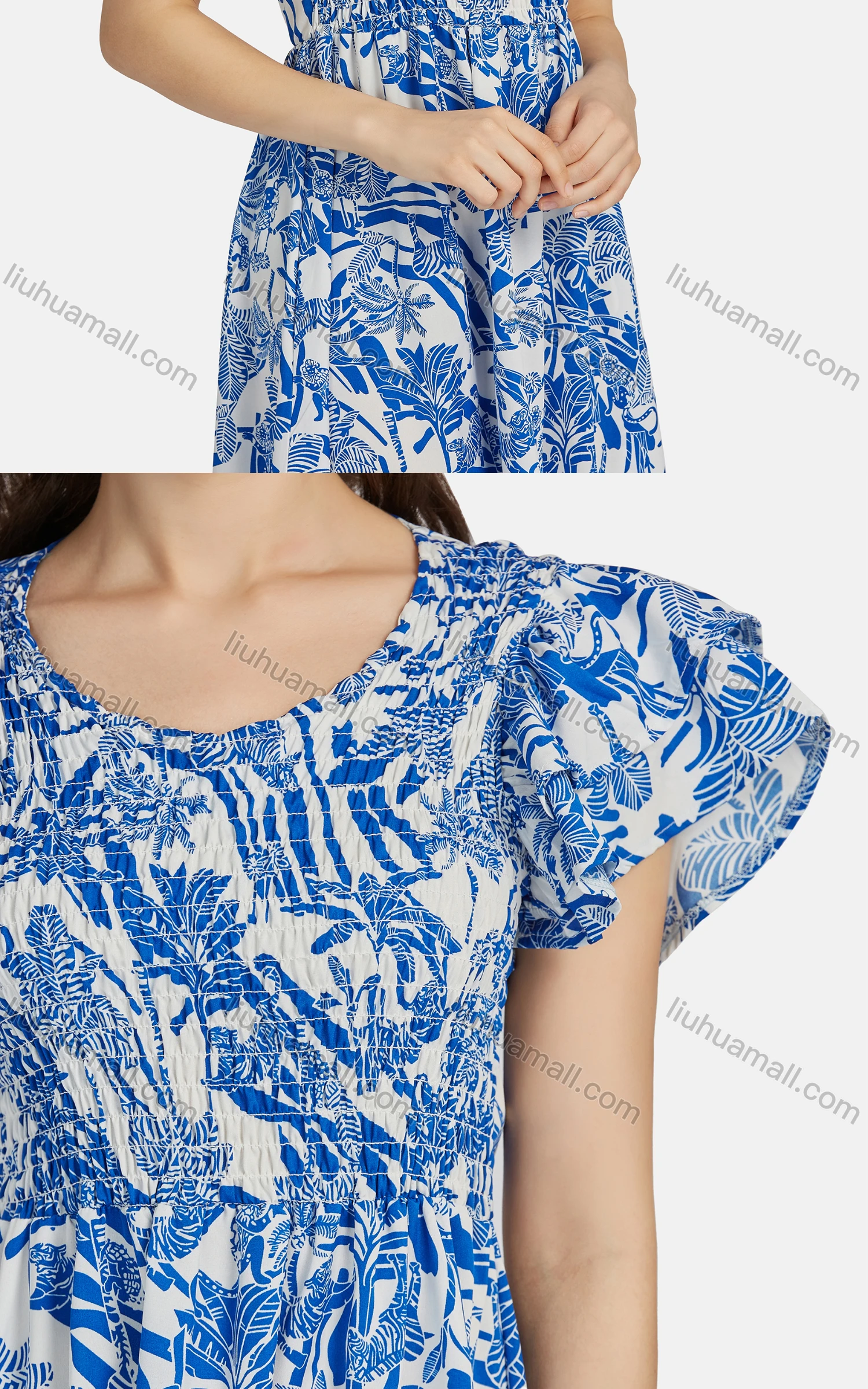 Wholesale Women's Casual Layered Sleeve Crew Neck Shirred Peplum Leaf Print Dress 10051# - Liuhuamall