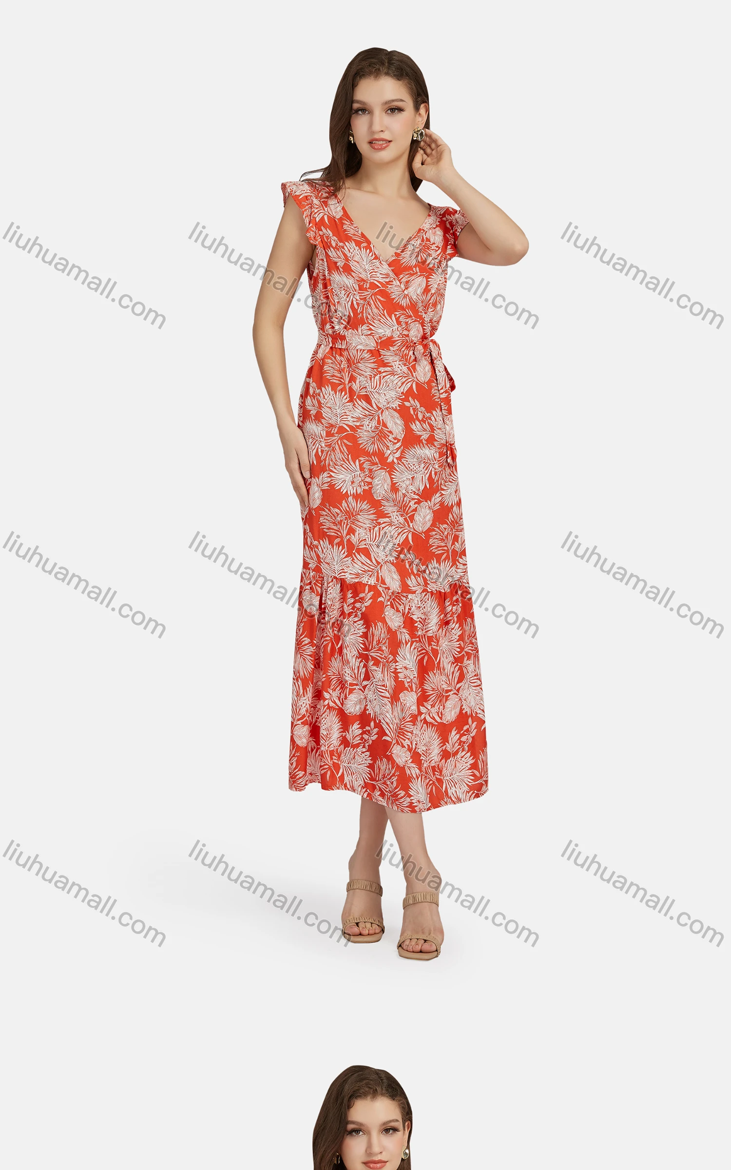 Wholesale Women's Casual V Neck Ruffle Trim Lace Up Peplum Floral Print Tank Dress 024# - Liuhuamall