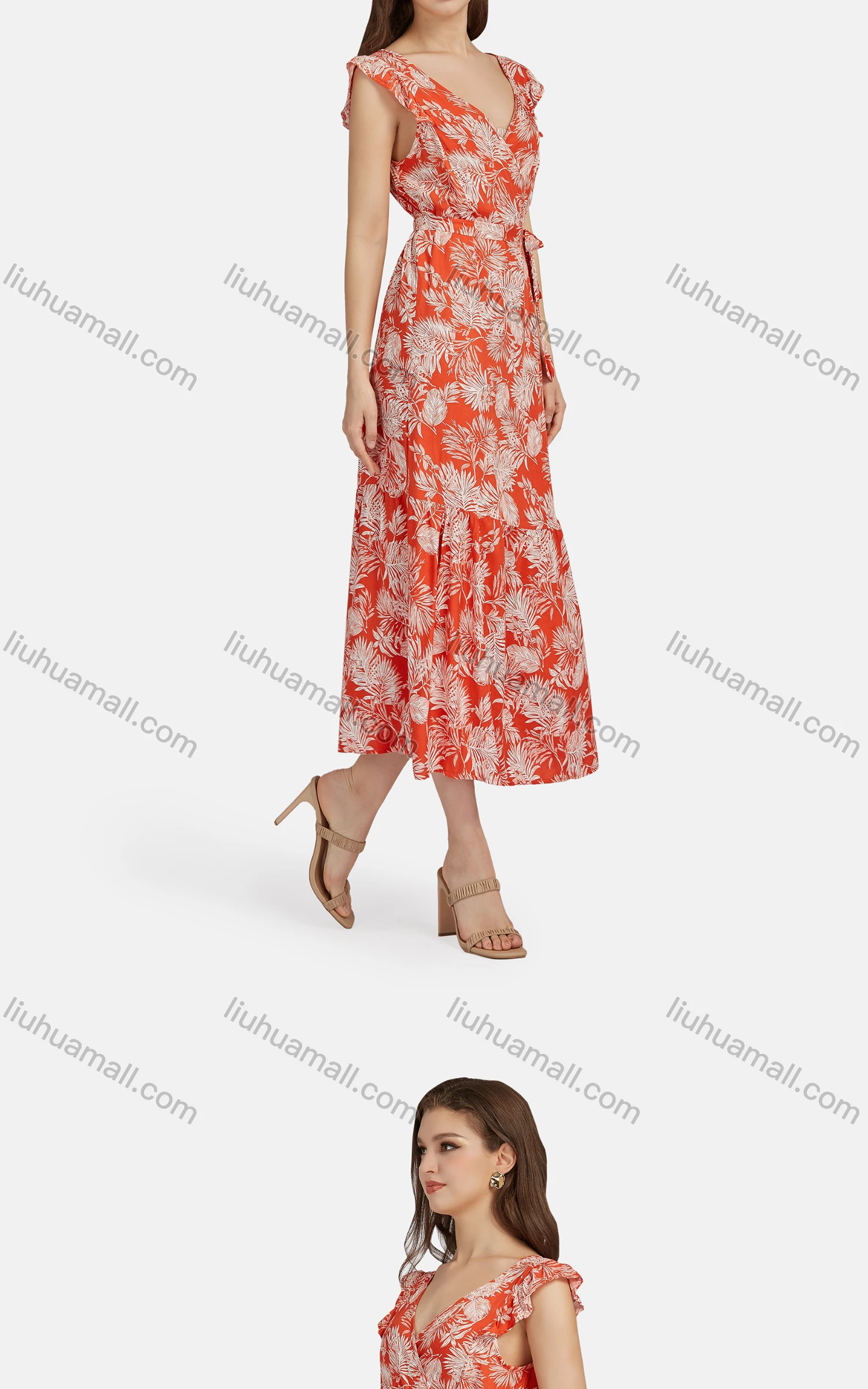 Wholesale Women's Casual V Neck Ruffle Trim Lace Up Peplum Floral Print Tank Dress 024# - Liuhuamall