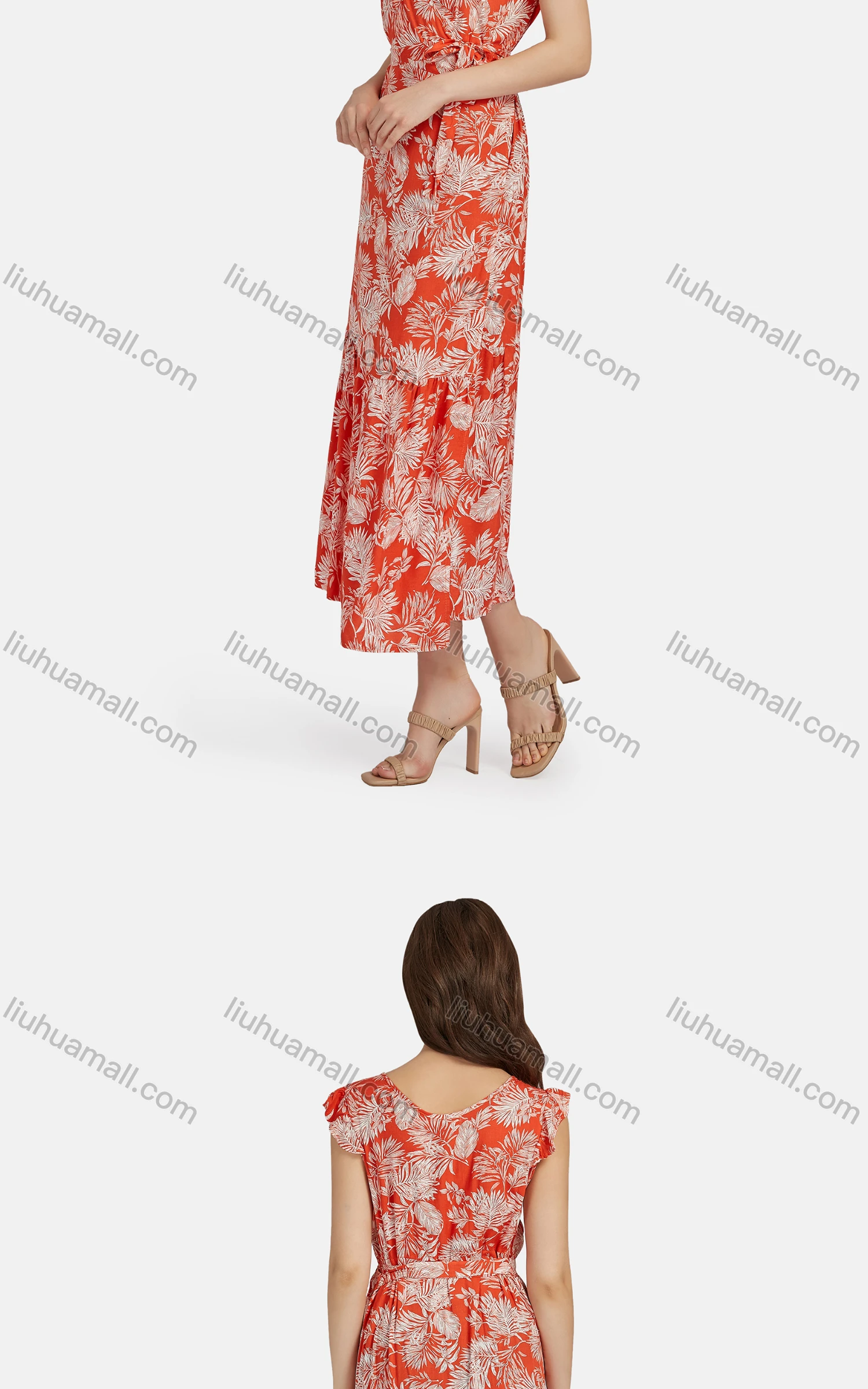 Wholesale Women's Casual V Neck Ruffle Trim Lace Up Peplum Floral Print Tank Dress 024# - Liuhuamall