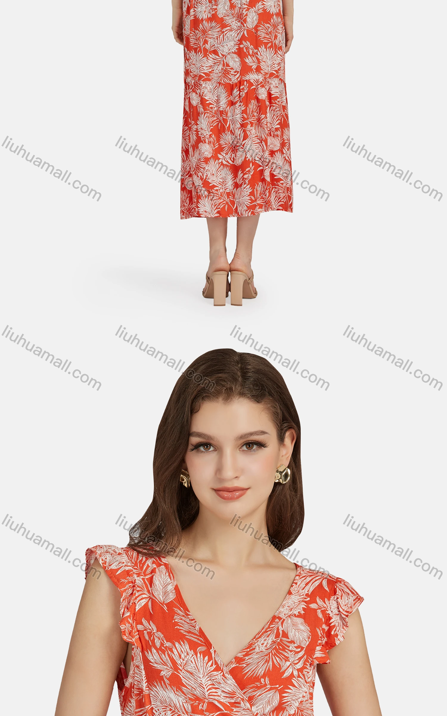 Wholesale Women's Casual V Neck Ruffle Trim Lace Up Peplum Floral Print Tank Dress 024# - Liuhuamall