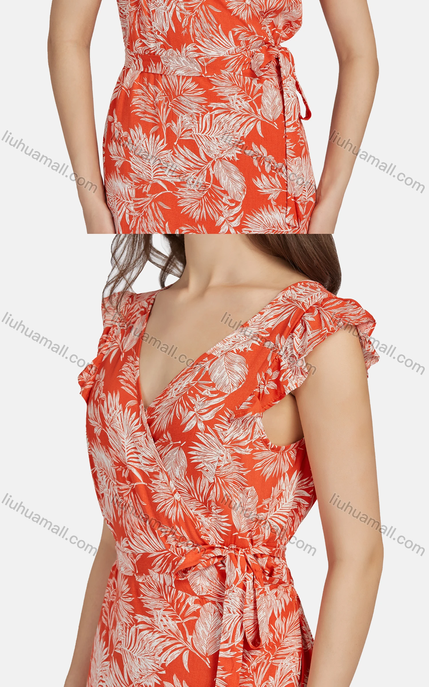Wholesale Women's Casual V Neck Ruffle Trim Lace Up Peplum Floral Print Tank Dress 024# - Liuhuamall
