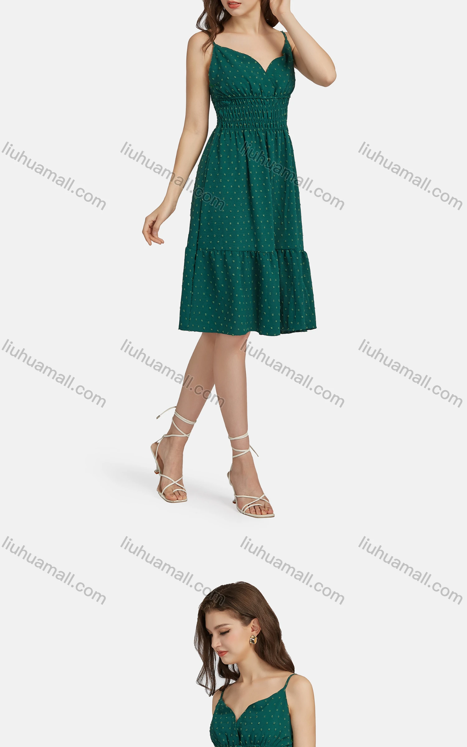 Wholesale Women's Casual Polka Dot Print Peplum Shirred Layered Hem Cami Dress 9029# - Liuhuamall