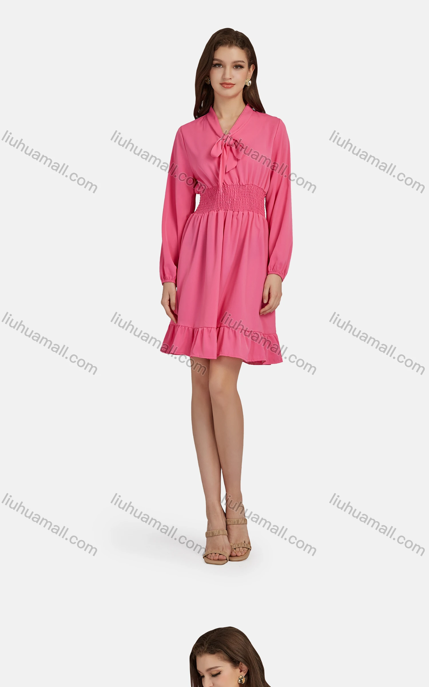 Wholesale Women's Casual Tie Neck Shirred Peplum Plain Ruffle Hem Dress 10056# - Liuhuamall