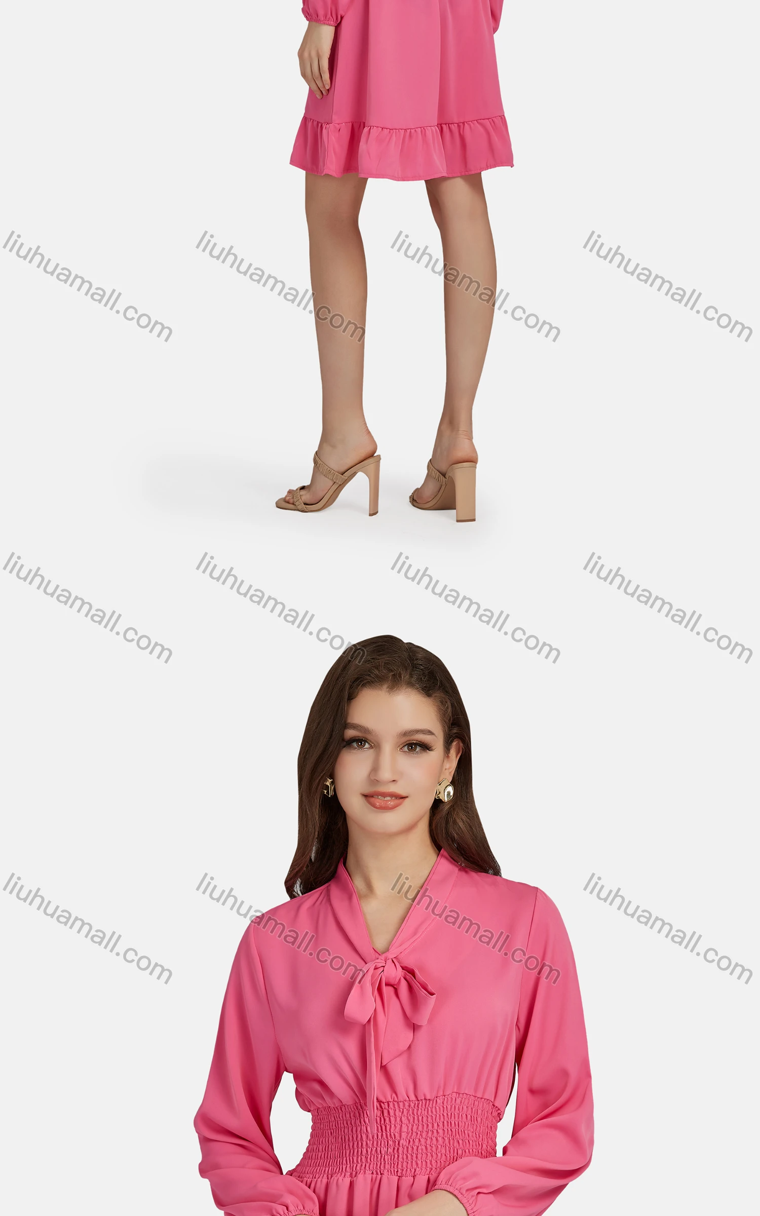 Wholesale Women's Casual Tie Neck Shirred Peplum Plain Ruffle Hem Dress 10056# - Liuhuamall