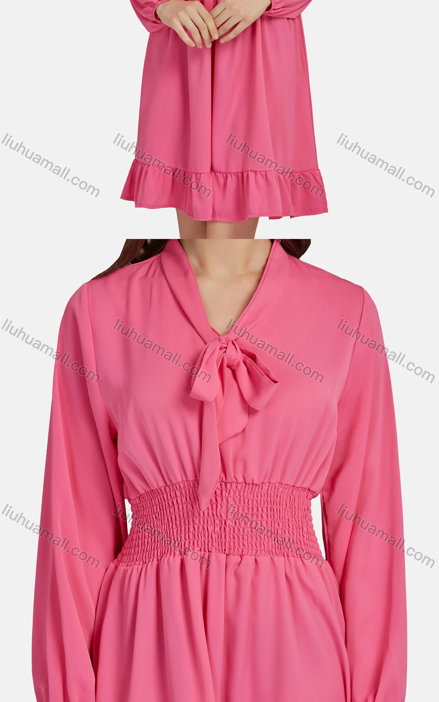 Wholesale Women's Casual Tie Neck Shirred Peplum Plain Ruffle Hem Dress 10056# - Liuhuamall