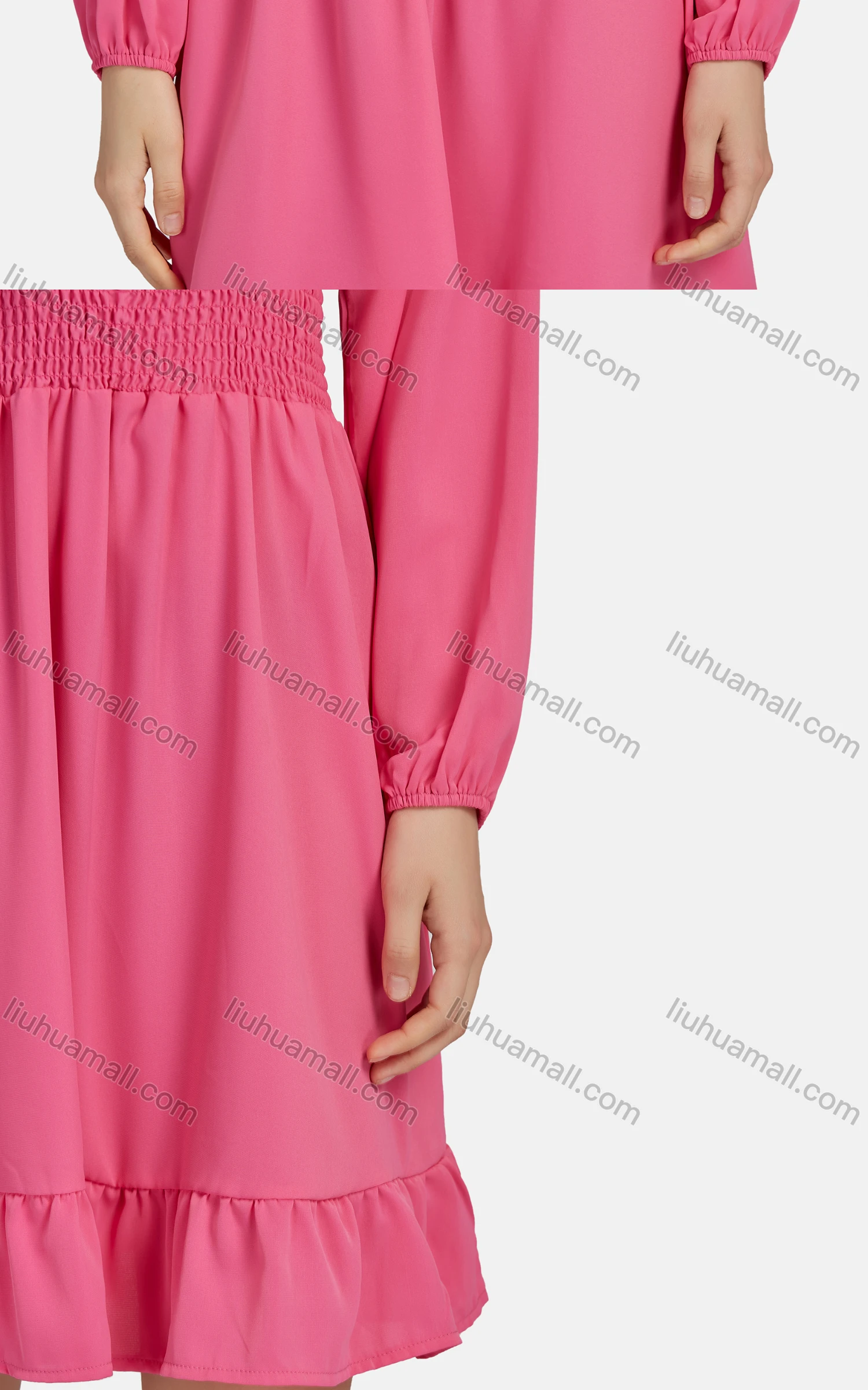 Wholesale Women's Casual Tie Neck Shirred Peplum Plain Ruffle Hem Dress 10056# - Liuhuamall